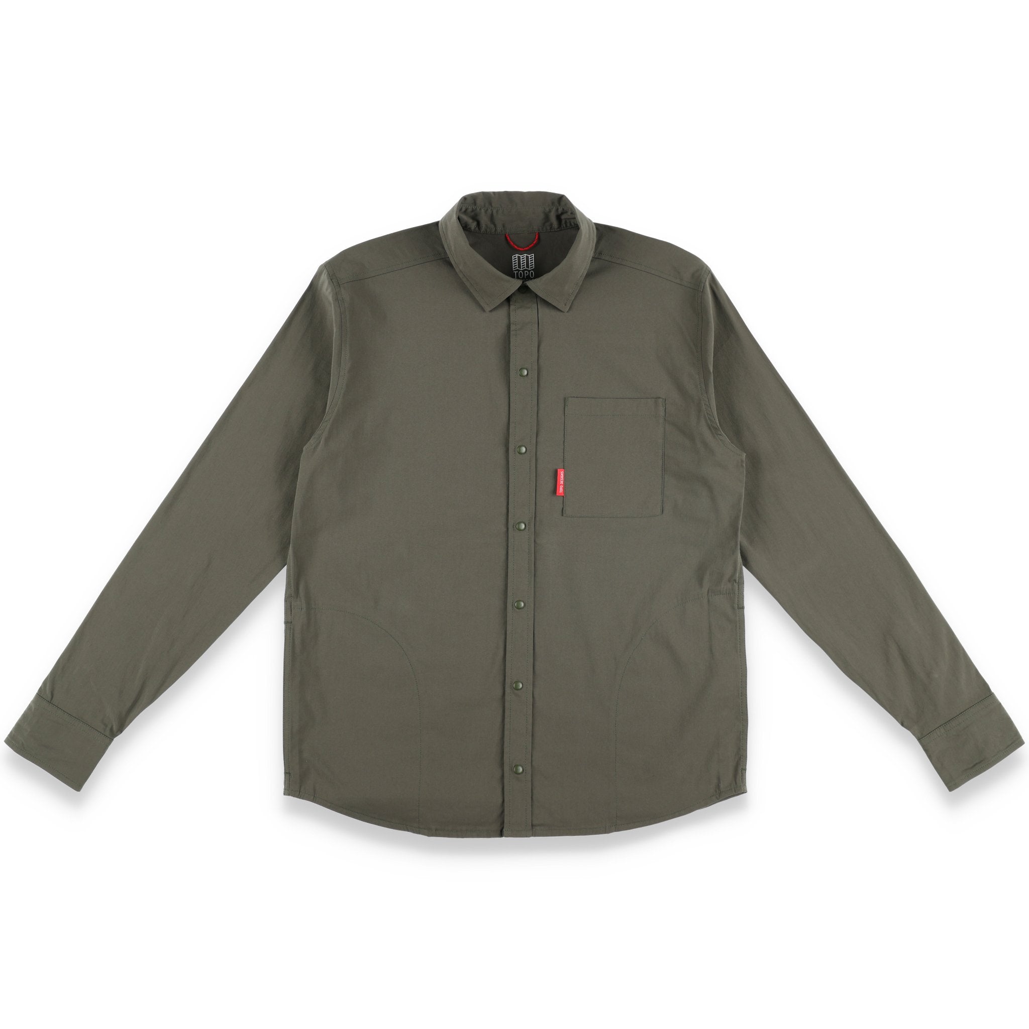 Topo Designs Men's Global Shirt long sleeve lightweight travel snap shirt in "Olive" green.