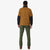 Back of Topo Designs Men's Mountain Fleece Pullover in "dark khaki / black" brown on model.