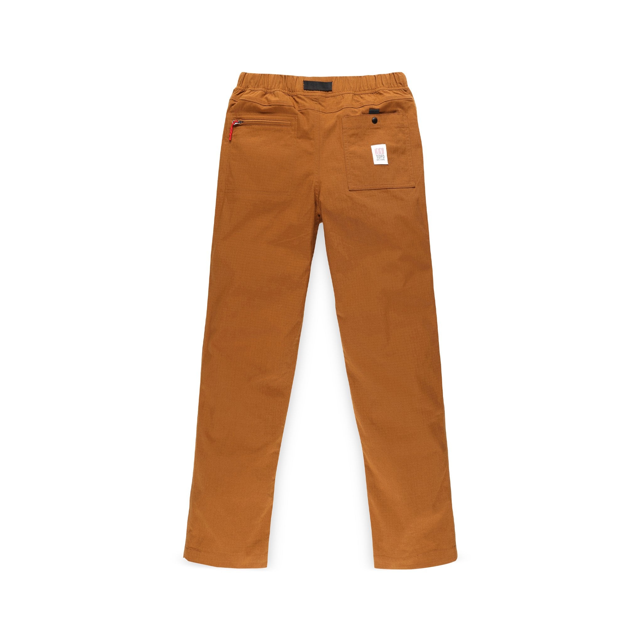 General shot of back of Topo Designs Men's Mountain lightweight hiking Pants Ripstop in Earth brown.