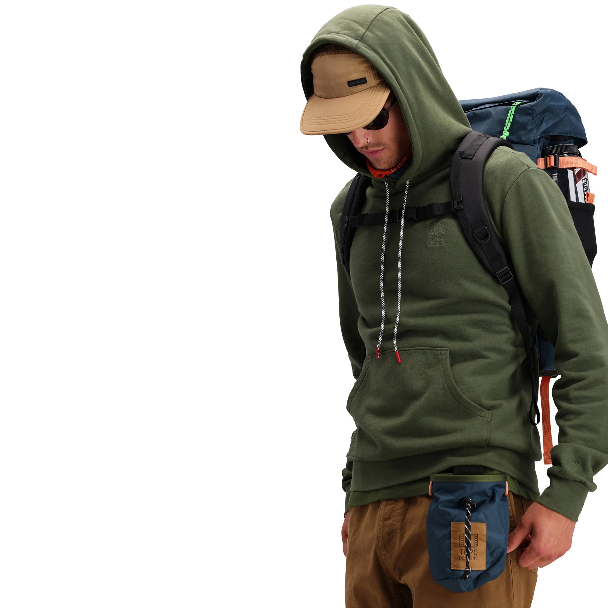 Front model shot of Topo Designs Men's Dirt Hoodie 100% organic cotton French terry sweatshirt in "olive" green.