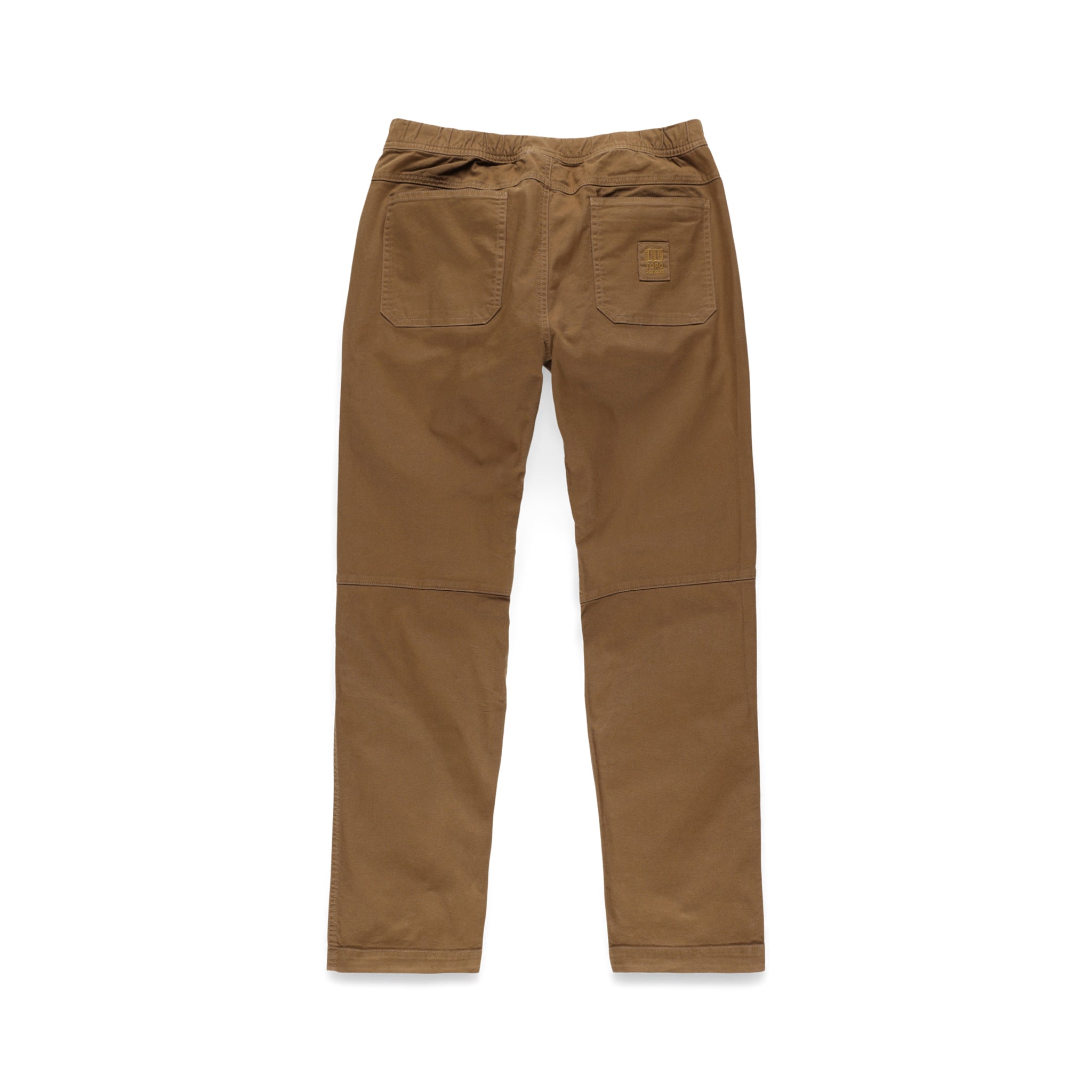 Back of Topo Designs Men's Dirt Pants 100% organic cotton drawstring waist in "Dark Khaki" brown.