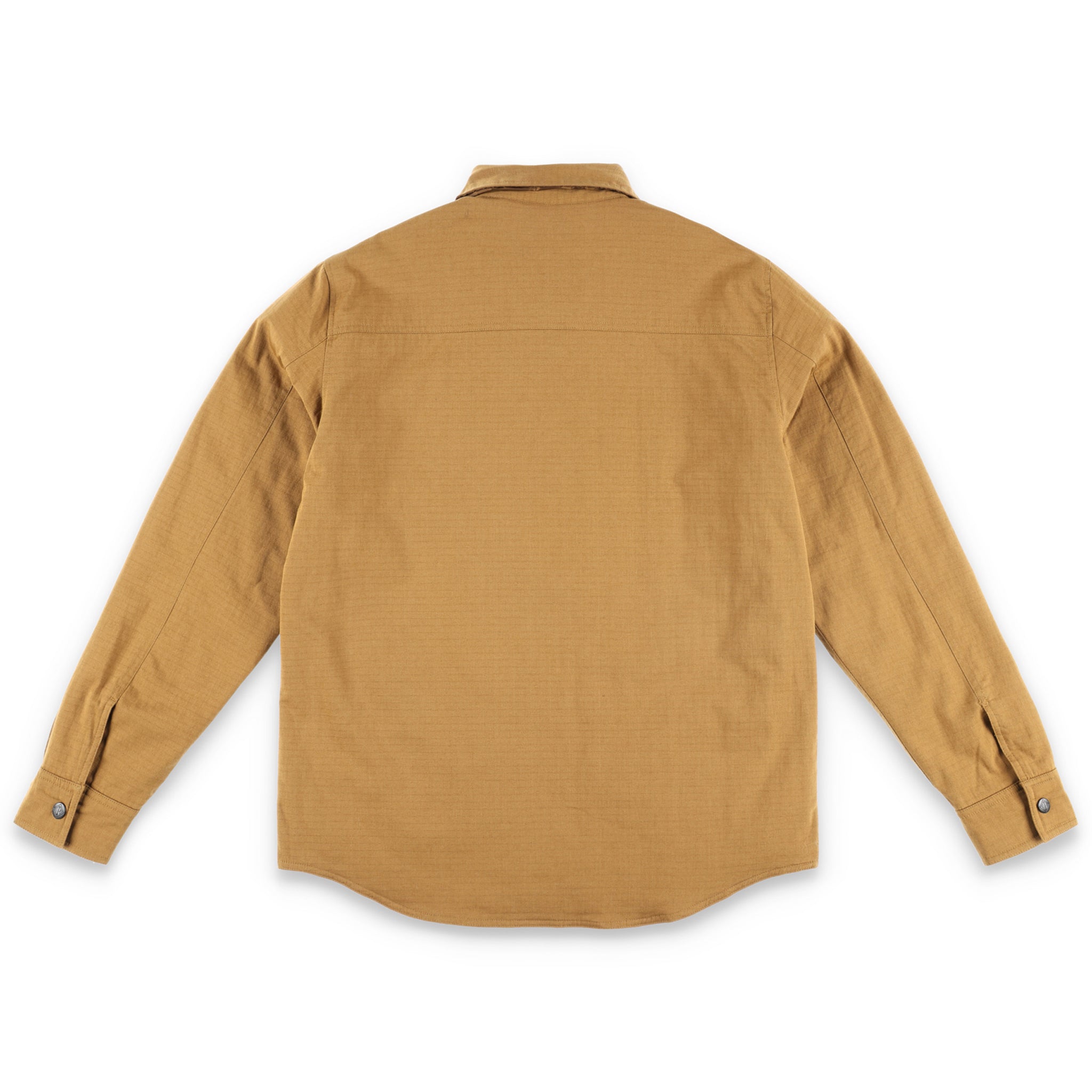 Back of Topo Designs Men's Insulated Reversible Shirt Jacket in "dark khaki" brown