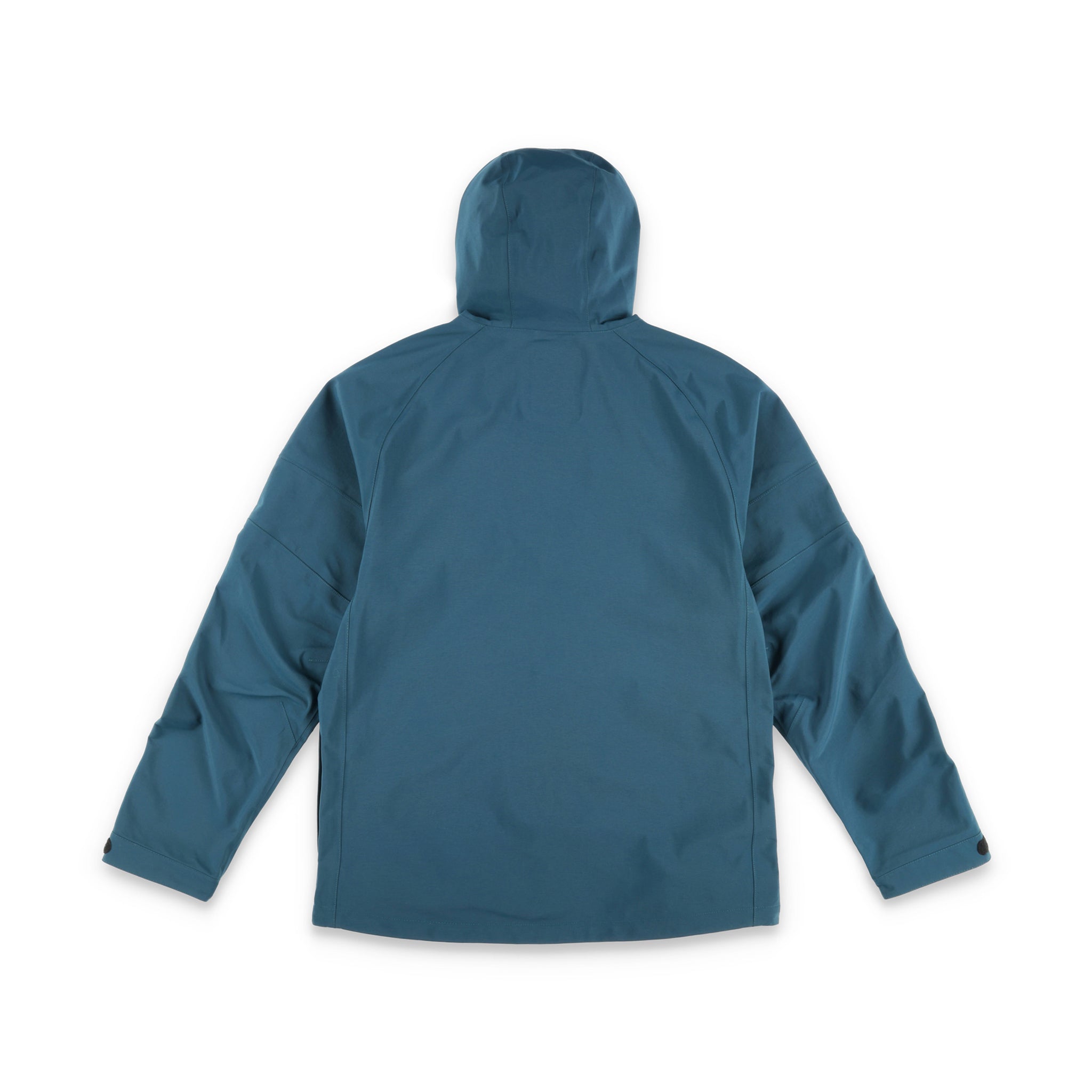 Back of Topo Designs Men's Mountain Parka waterproof shell jacket in "Pond Blue"