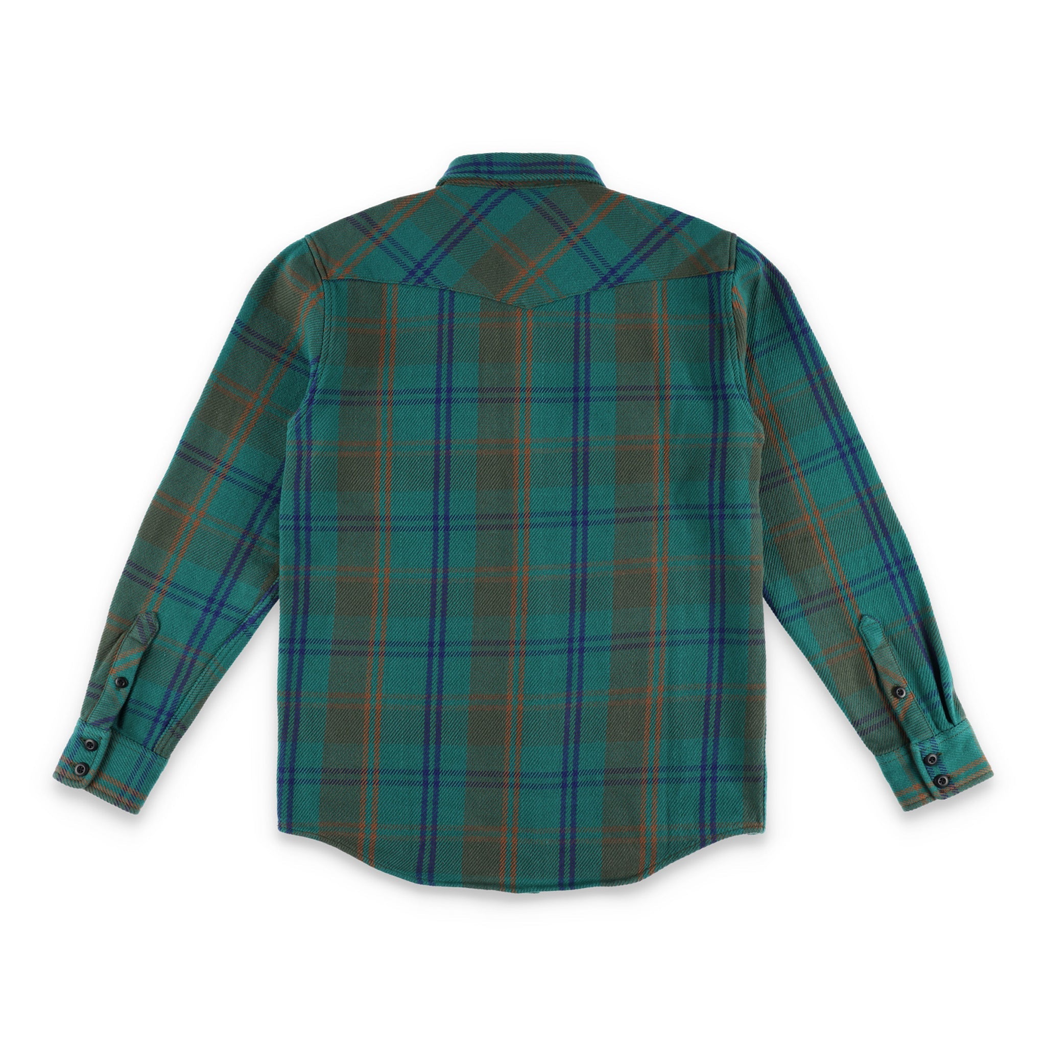 Back of Topo Designs Men's Mountain Shirt Heavyweight "Green / Earth Plaid" brown blue button-up.