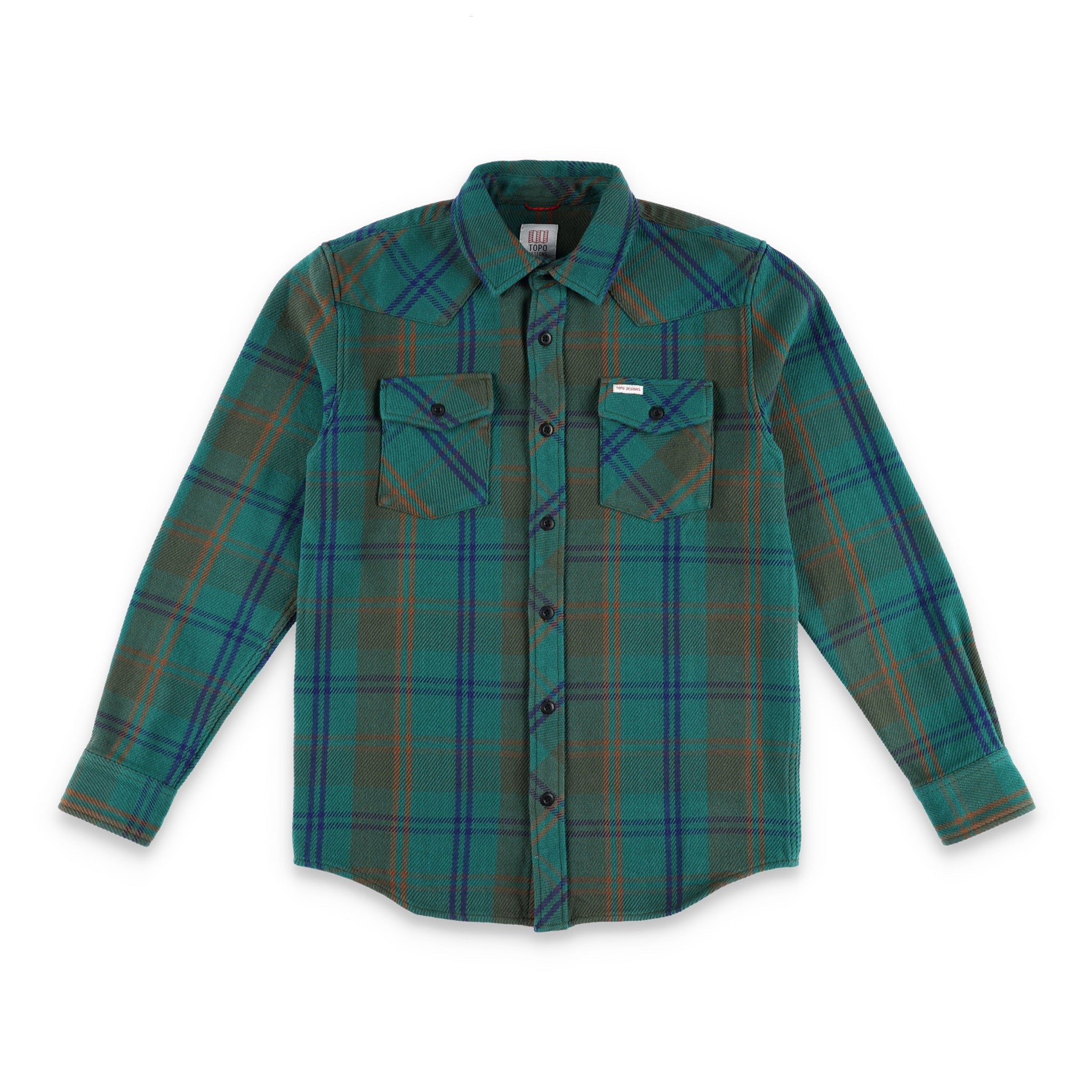 Topo Designs Men's Mountain Shirt Heavyweight "Green / Earth Plaid" brown blue button-up.