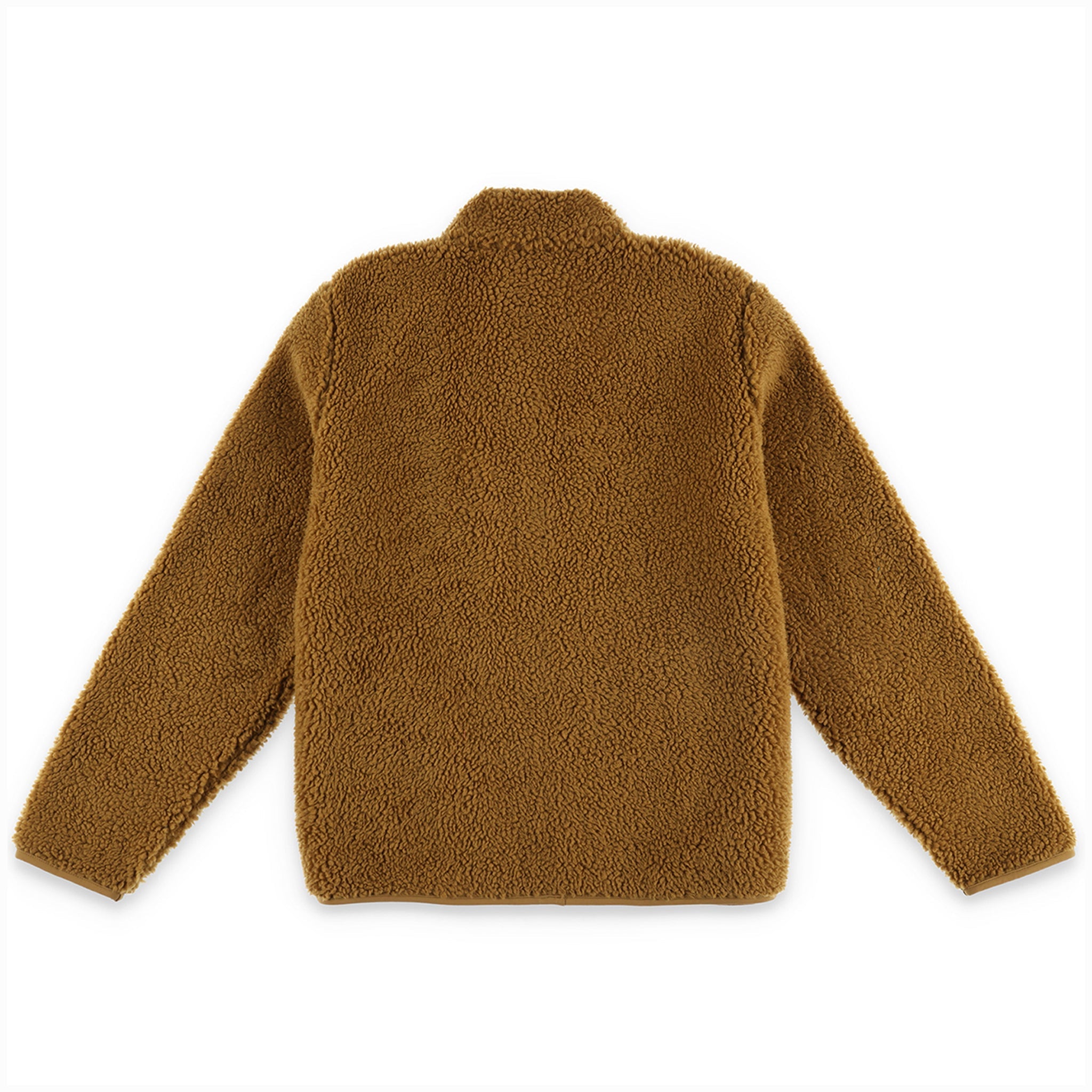 Back of Topo Designs Men's Sherpa Jacket in "Dark Khaki" brown showing sherpa fleece side.