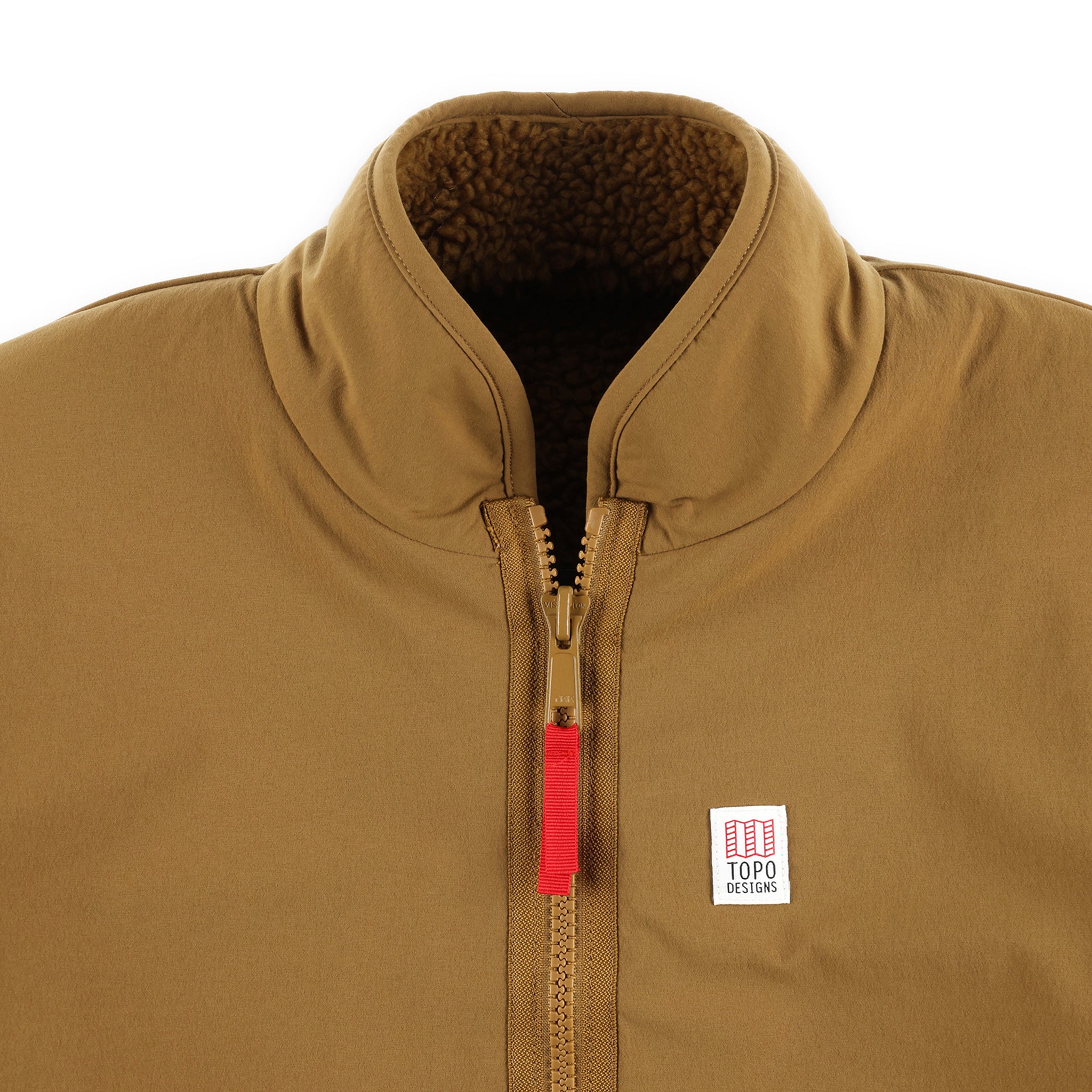 Detail shot of Topo Designs Men's Sherpa Jacket in "Dark Khaki" brown showing DWR side, collar, zipper, and chest logo patch.