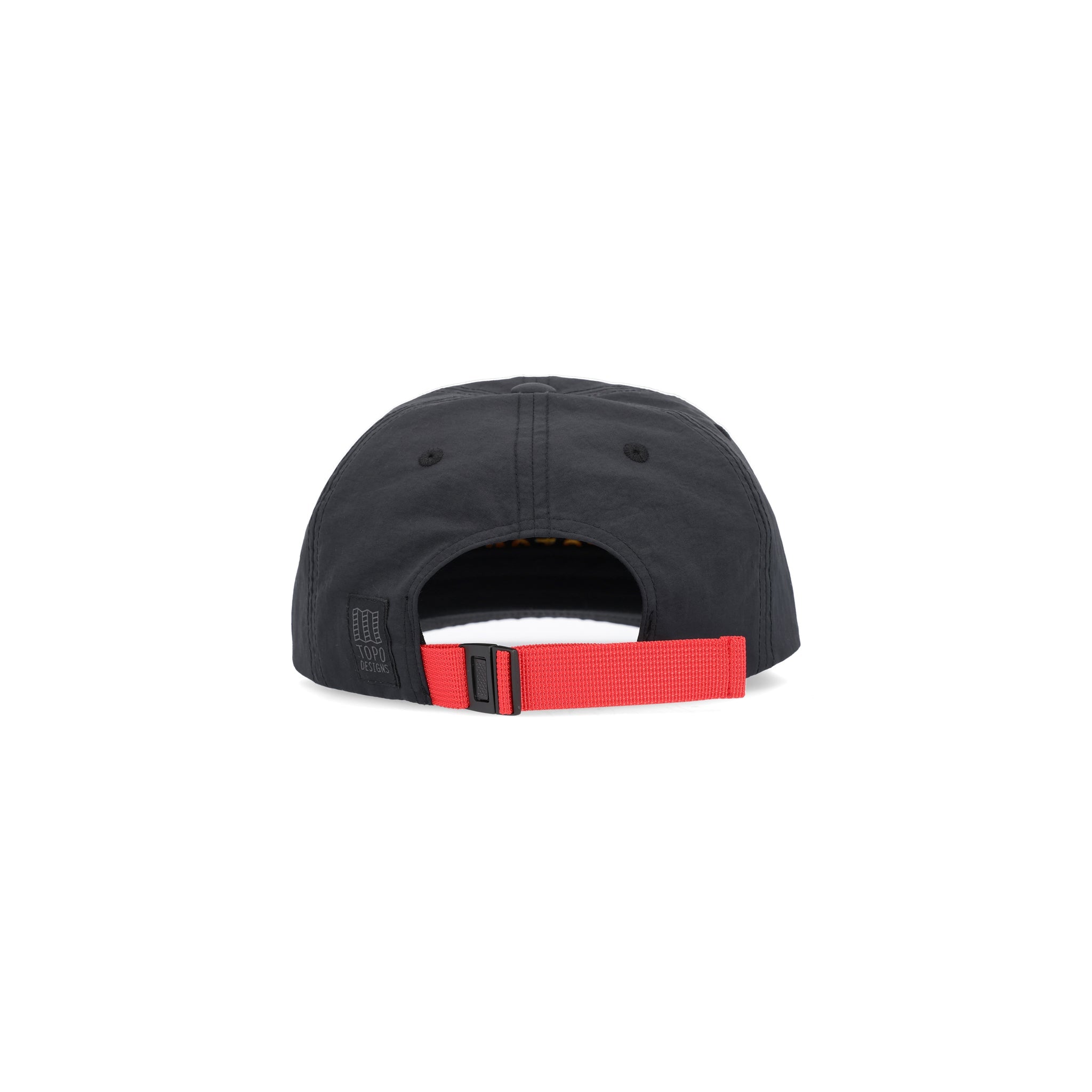 Back of Topo Designs Nylon Ball Cap Split Topo embroidered logo hat in "black".