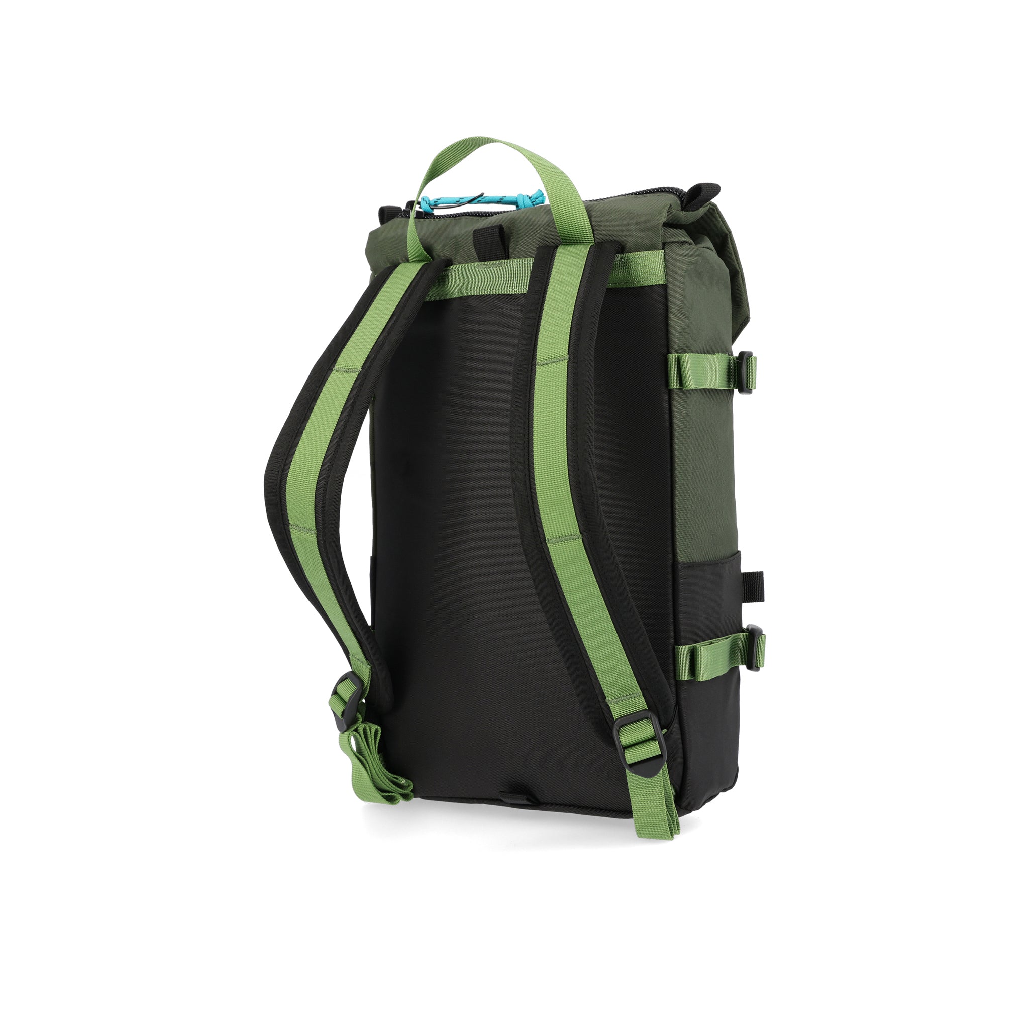 Back of Topo Designs Rover Pack Mini backpack in recycled "Olive / Black" green