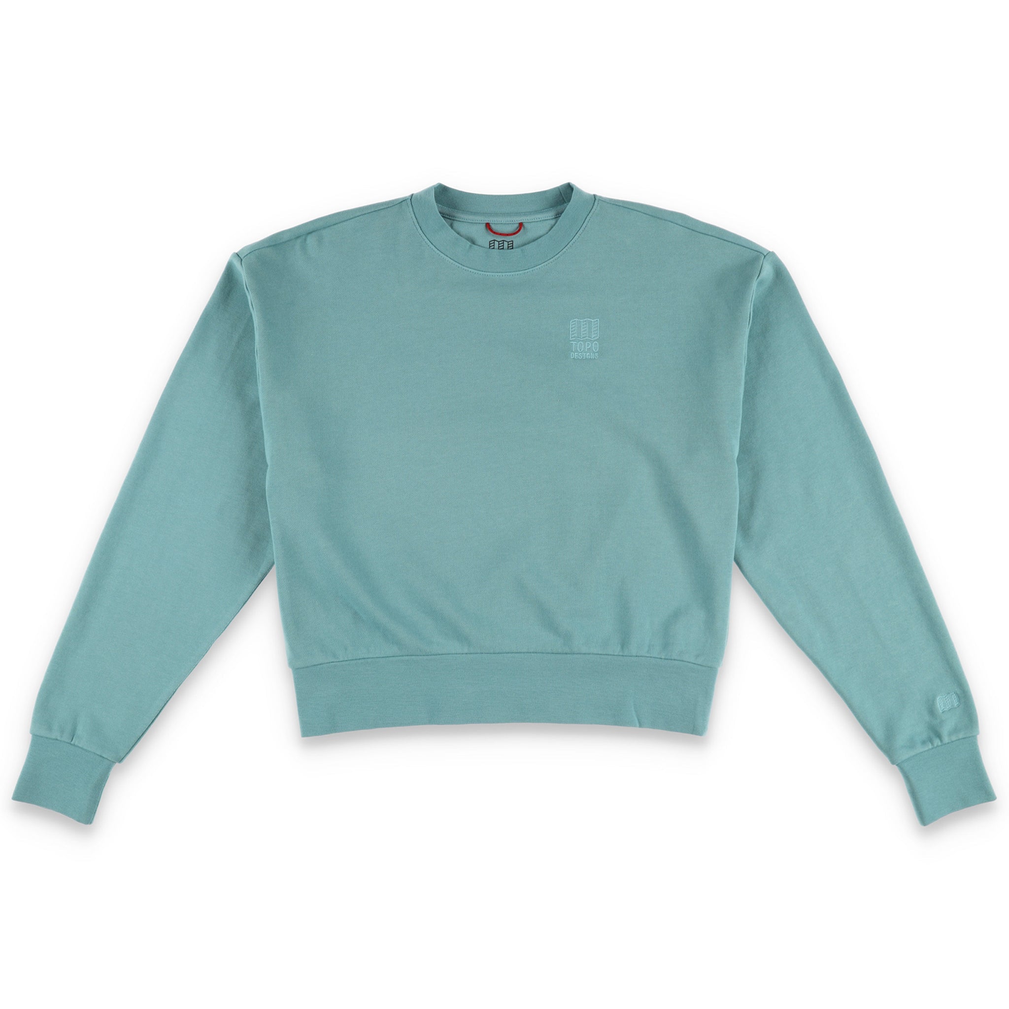 Topo Designs Women's Dirt Crew sweatshirt in 100% organic cotton French terry in "sage" blue green.