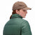 Back model shot of Topo Designs Women's Puffer recycled insulated Jacket in "Forest" green showing collar.