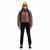 Front model shot of Topo Designs Women's Puffer recycled insulated Jacket in "Peppercorn" purple brown.