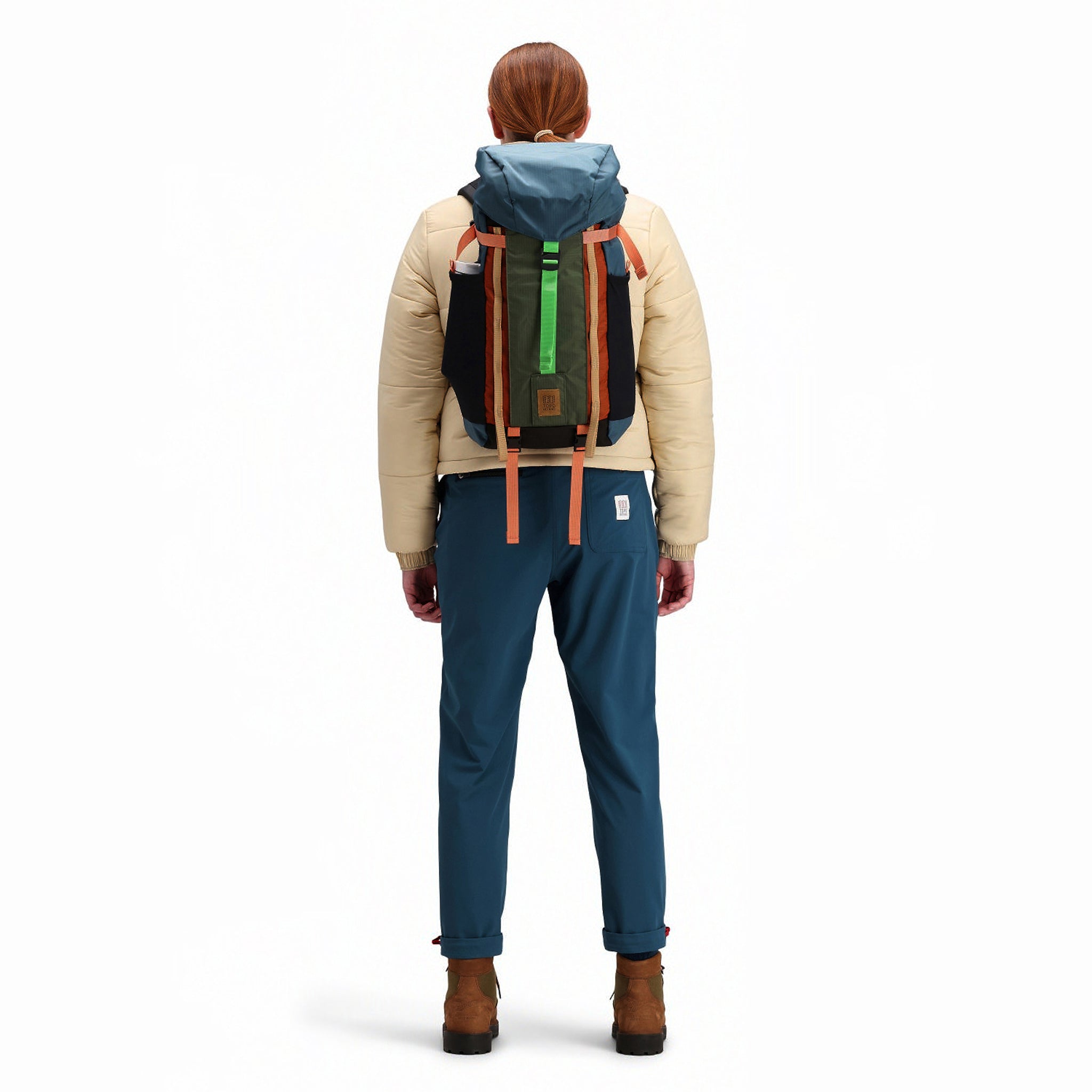 Back model shot of Topo Designs women's boulder lightweight hiking and climbing pants in "pond blue". Show on "forest" and "slate".