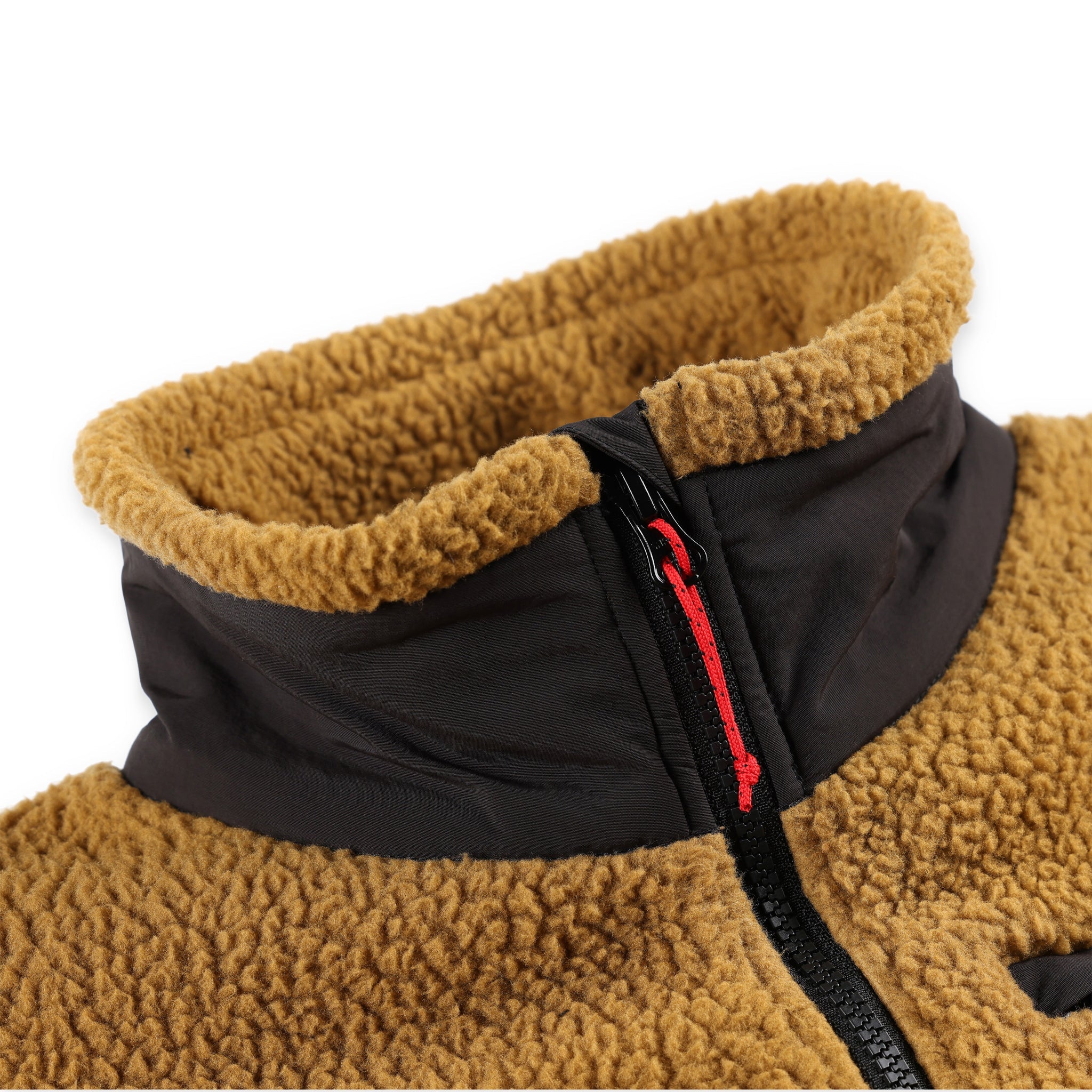 General detail shot of collar and zipper on Topo Designs Women's Mountain Fleece Pullover in "dark khaki" brown