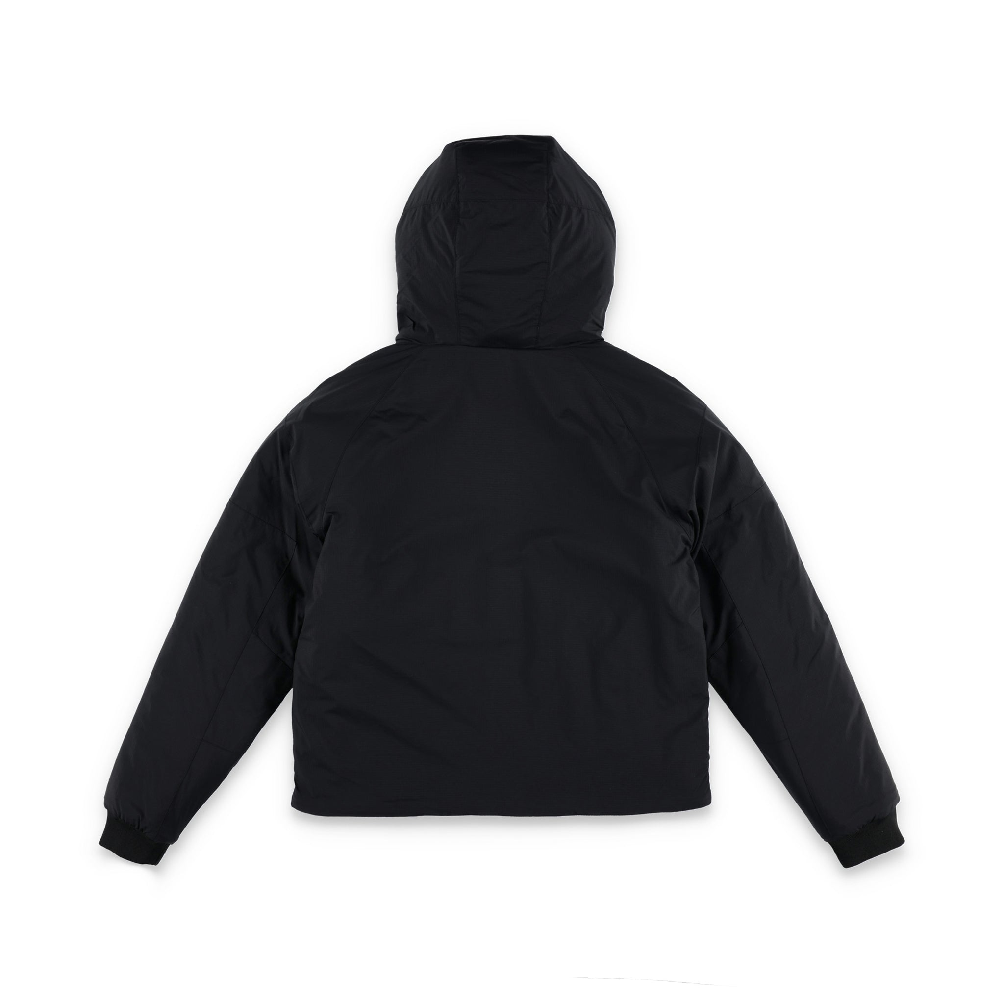 Back of Topo Designs Women's Puffer Primaloft insulated Hoodie jacket in "black"