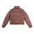 Back of Topo Designs Women's Puffer recycled insulated Jacket in "Peppercorn" purple brown.