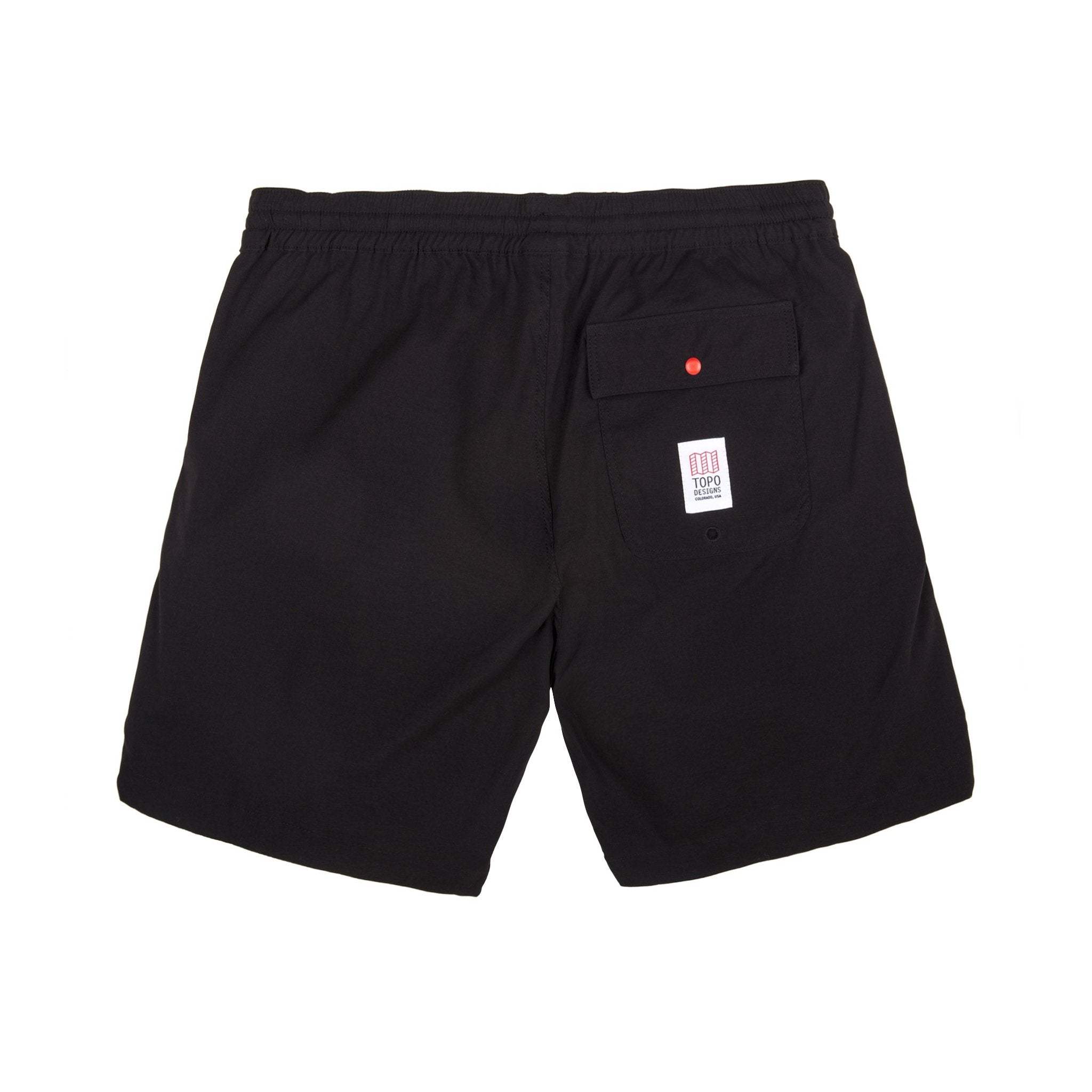 Back of Topo Designs Men's Global lightweight quick dry travel Shorts in Black showing snap pocket.