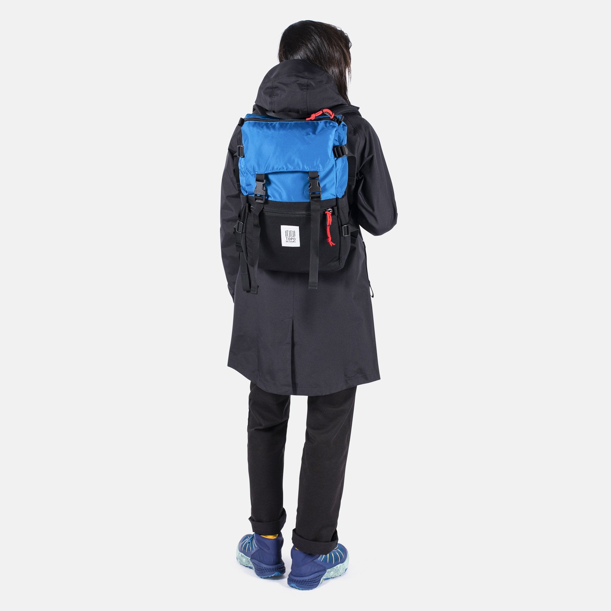 Back Model Shot of the Topo Designs Rover Pack Classic in Blue/Black