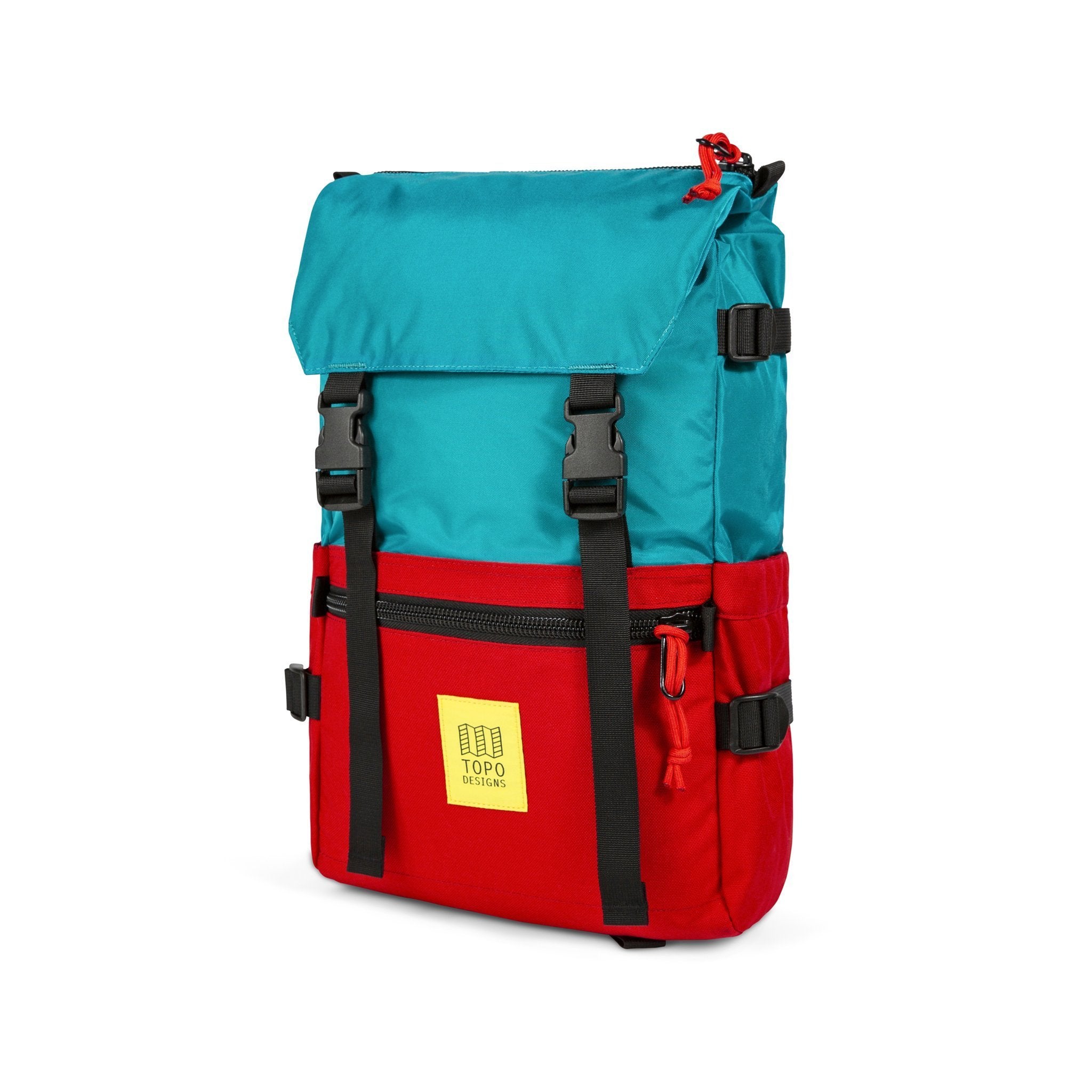 3/4 Front Product Shot of the Topo Designs Rover Pack Classic in Turquoise/Red