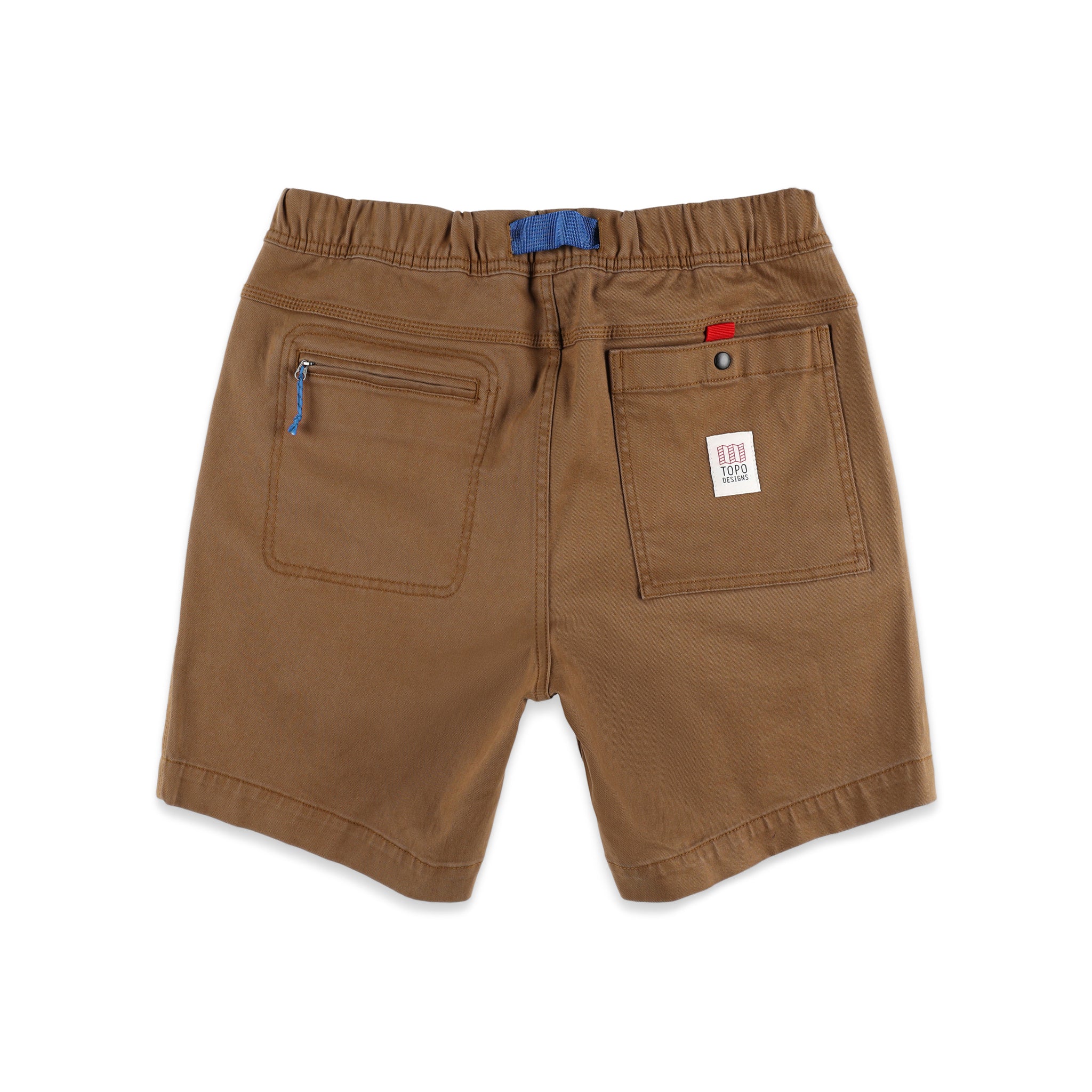 Back pockets on Topo Designs Men's Mountain organic cotton Shorts in Dark Khaki brown.