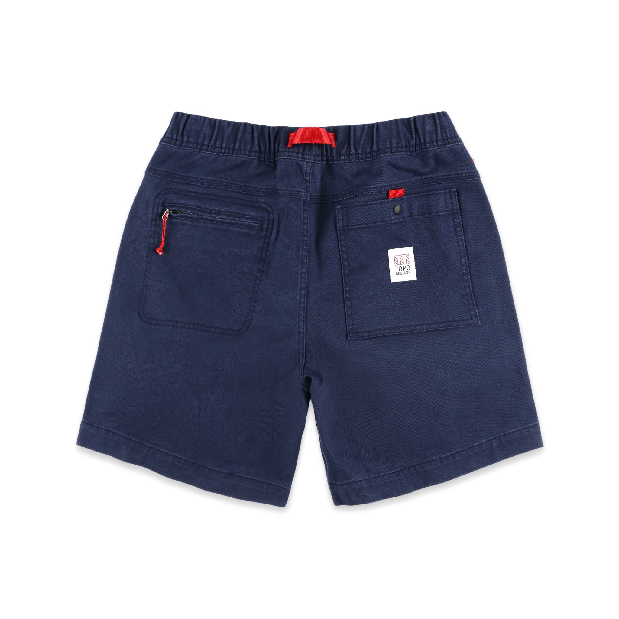 Back pockets on Topo Designs Men's Mountain organic cotton Shorts in Navy blue.