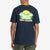 General shot of back of Topo Designs Men's Peaks & Valleys short sleeve 100% organic cotton graphic t-shirt in navy blue on model.