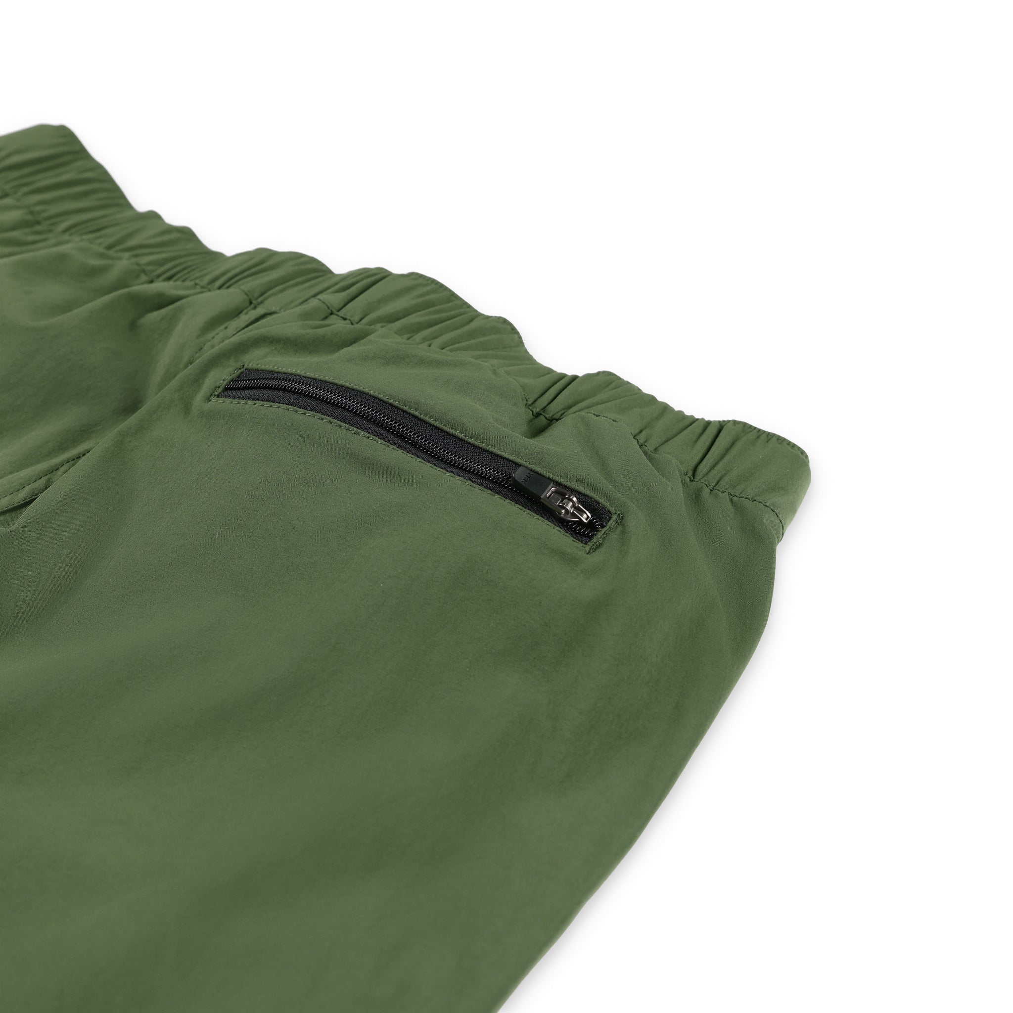 General shot of back zipper pocket on Topo Designs Men's River quick-dry swim Shorts in olive green.