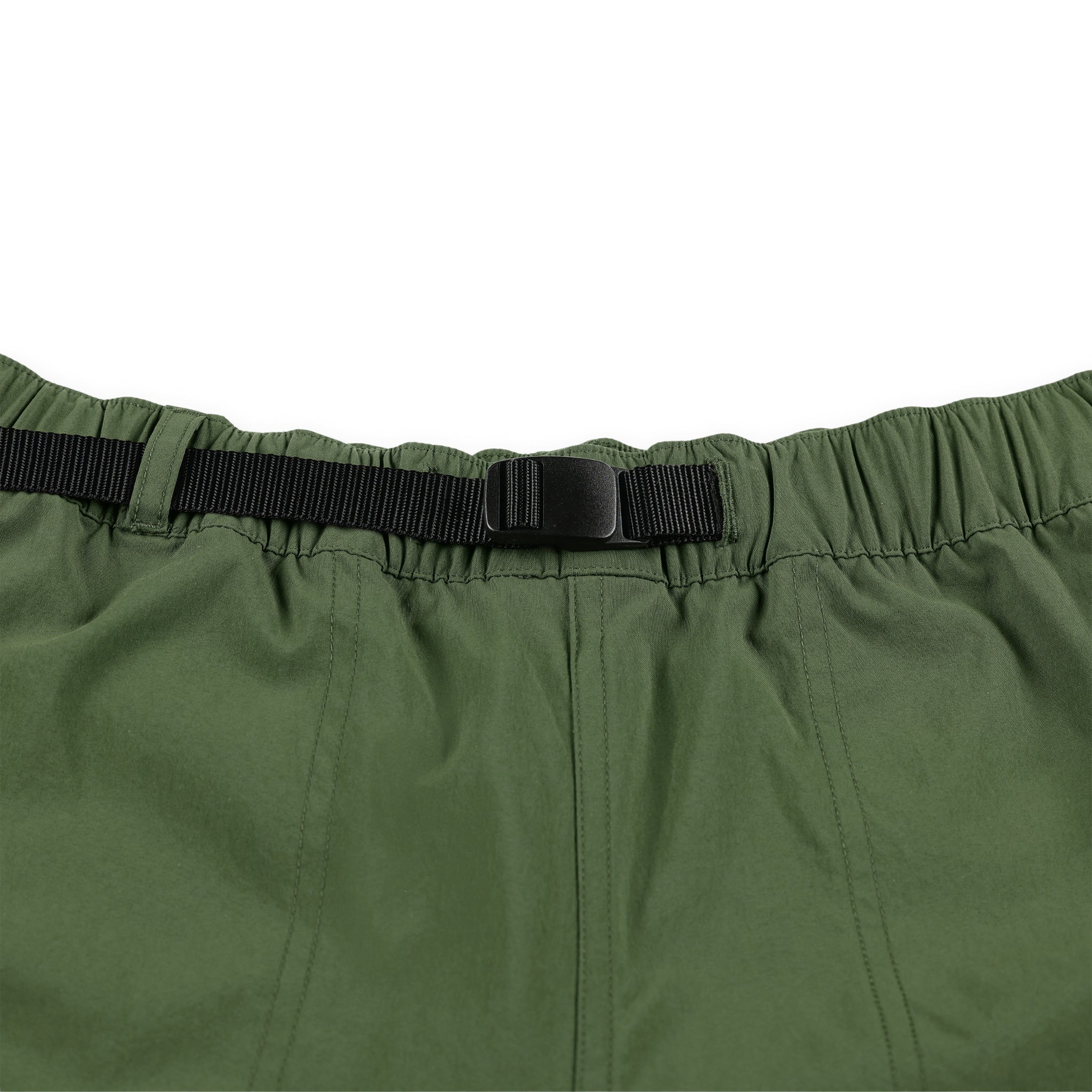 General shot of web belt on Topo Designs Men's River quick-dry swim Shorts in olive green.