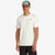 General shot of Topo Designs Men's Strata Map 100% organic cotton graphic t-shirt in natural white on model.