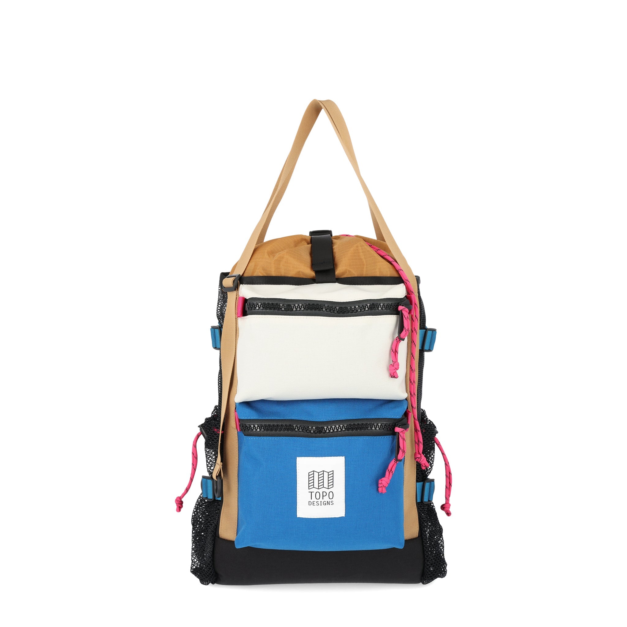 Topo Designs River Bag cinch top tote backpack with mesh sides in "Bone White / Blue" recycled nylon.