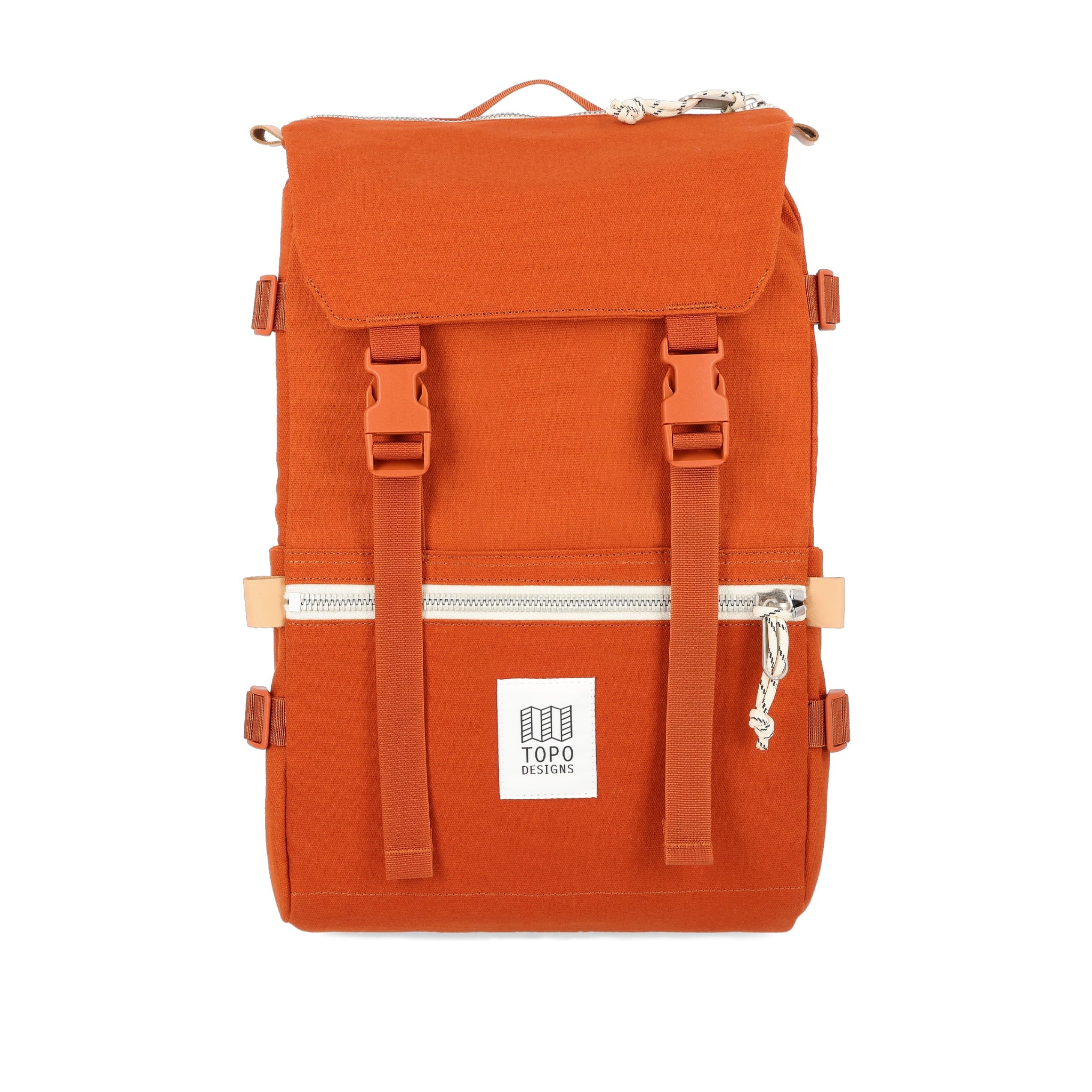 Topo Designs Rover Pack laptop backpack in Clay orange canvas.