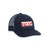 Topo Designs Trucker Hat with mesh back and embroidered box logo in navy.