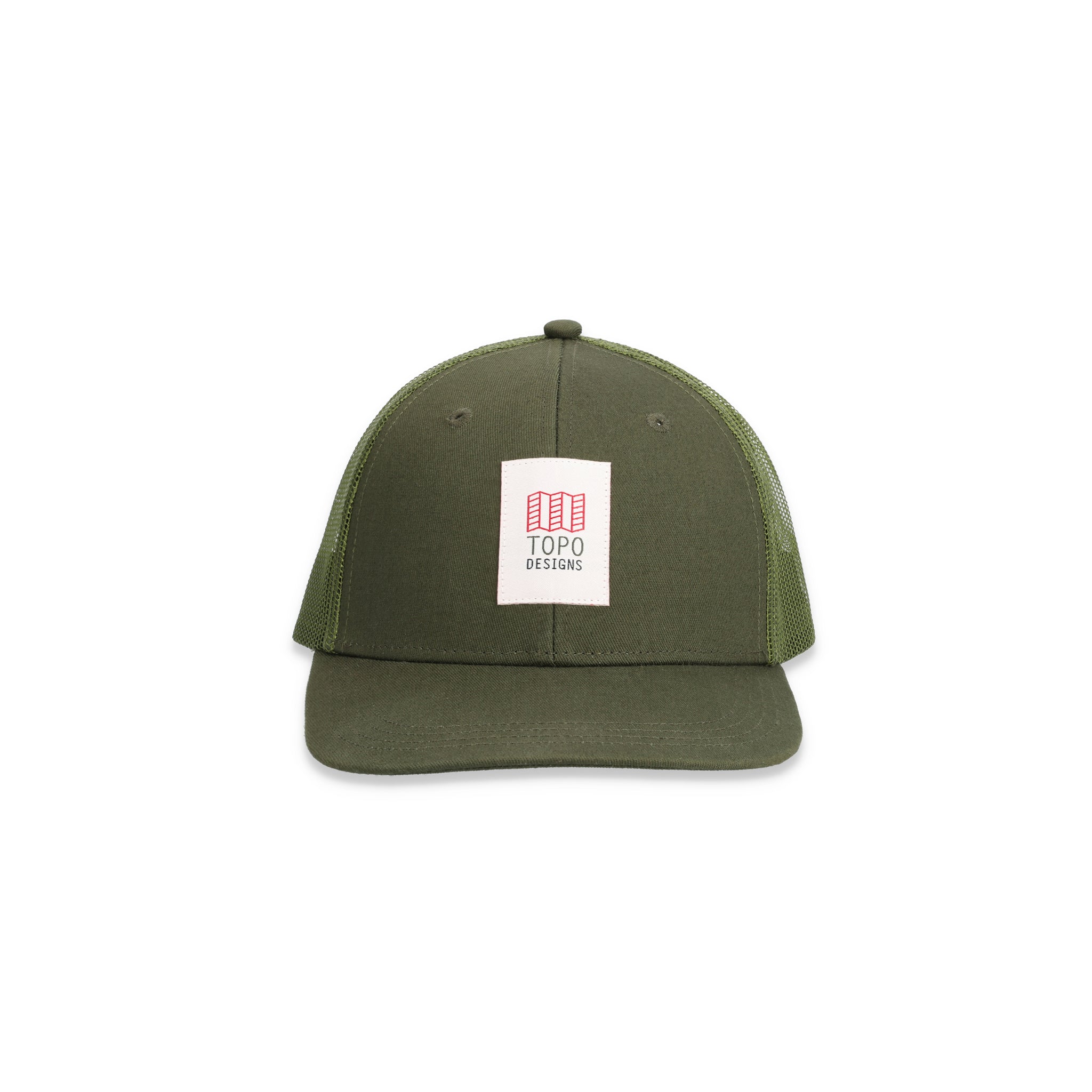 Topo Designs Trucker Hat with mesh back and original logo patch in "Olive" green.