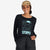 Topo Designs Women's Arcade Mountain Tee Long Sleeve 100% organic cotton graphic logo t-shirt in black on model.