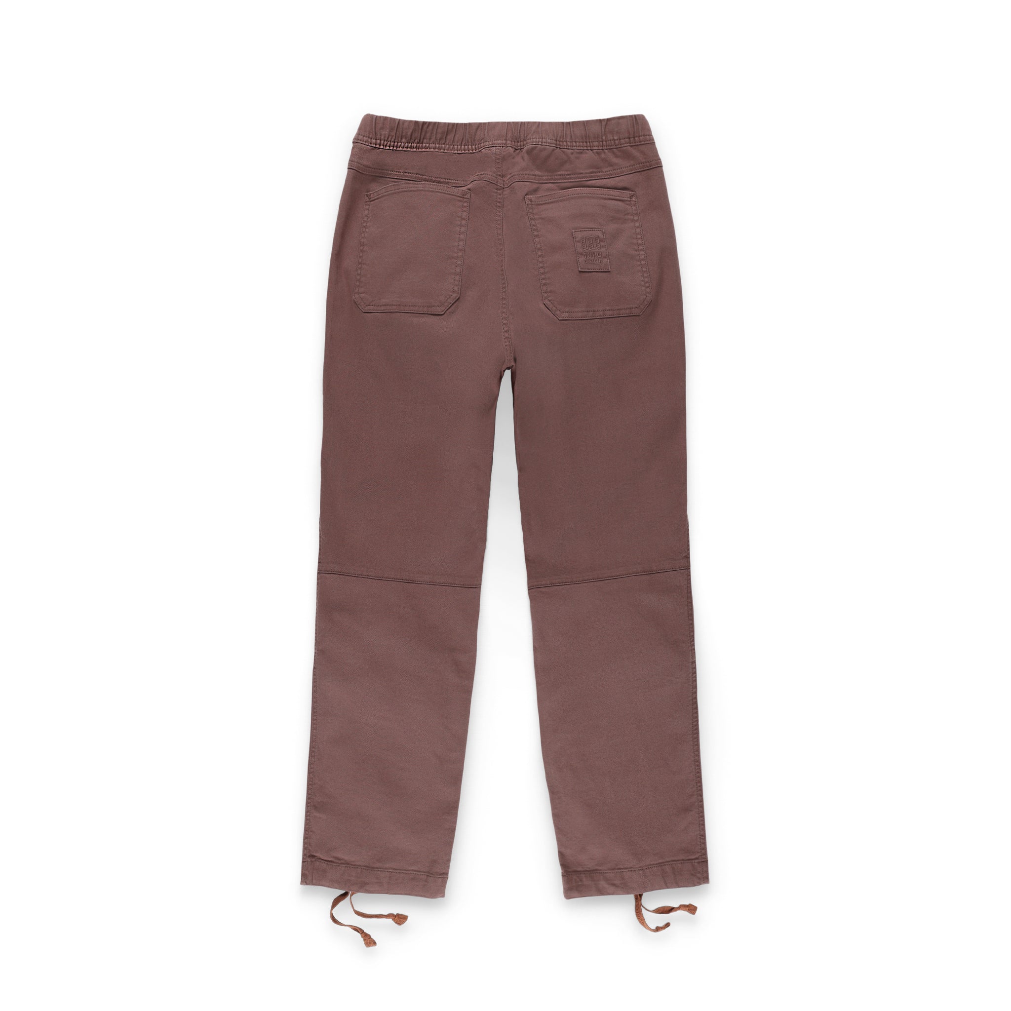 Back pockets on Topo Designs Women's Dirt Pants sustainable 100% organic cotton drawstring in "Peppercorn" brown.