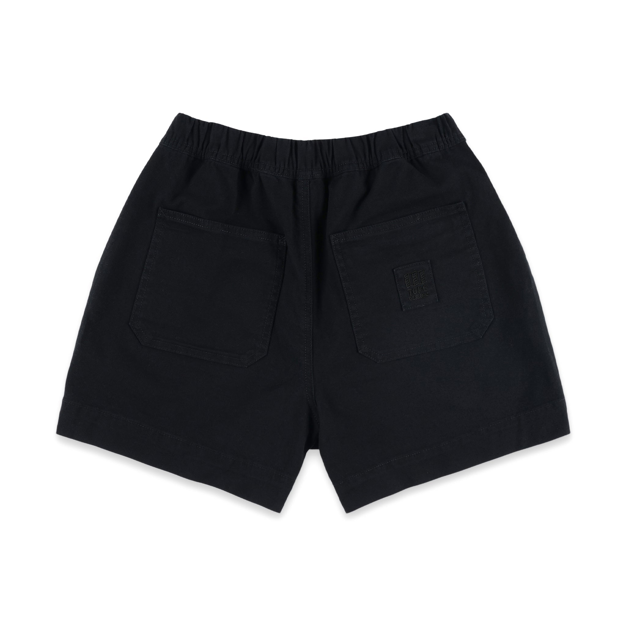 Back pockets on Topo Designs Women's drawstring Dirt Shorts in 100% organic cotton in "Black".