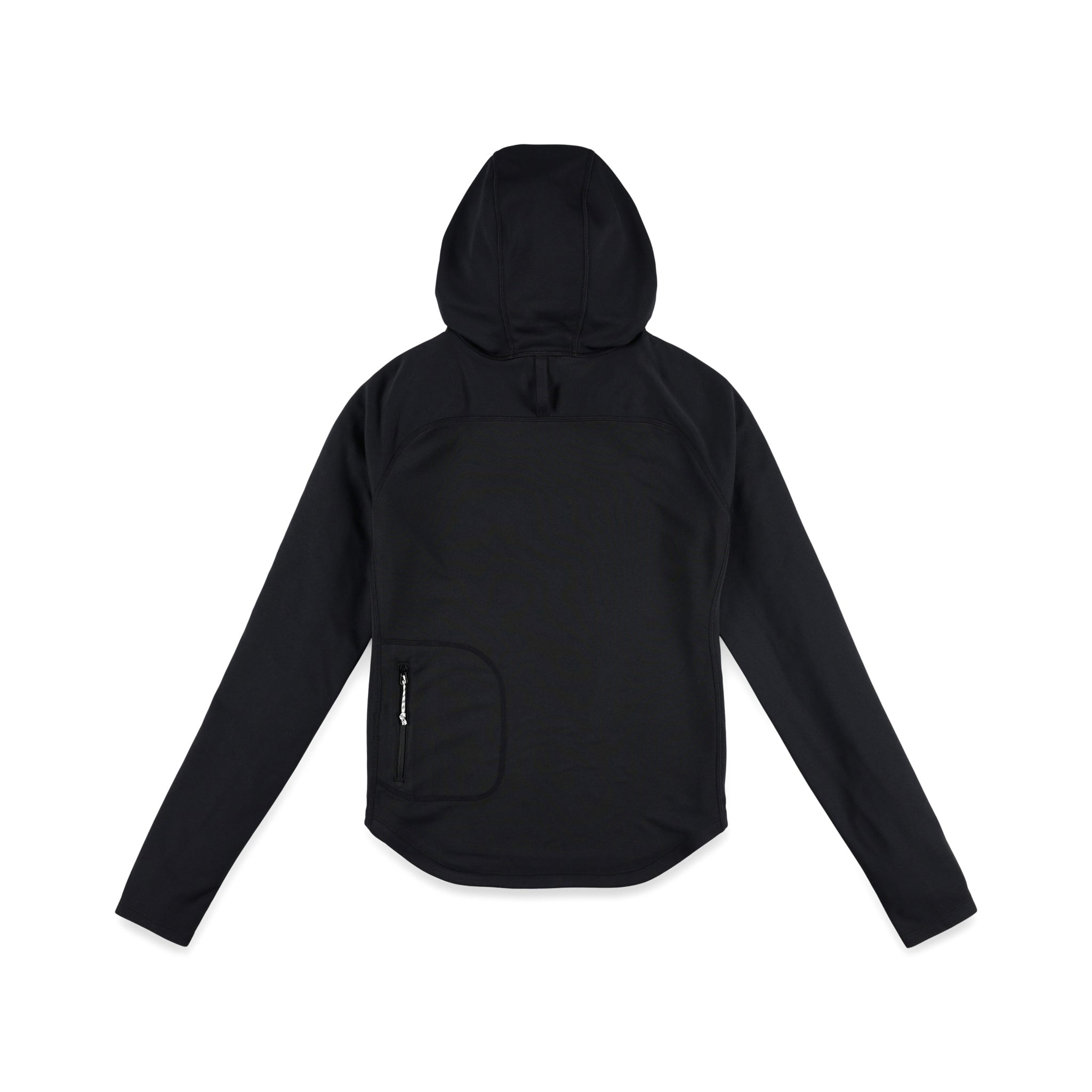 Back of Topo Designs Women's River Hoodie 30+ UPF rated moisture wicking water shirt in "Black".