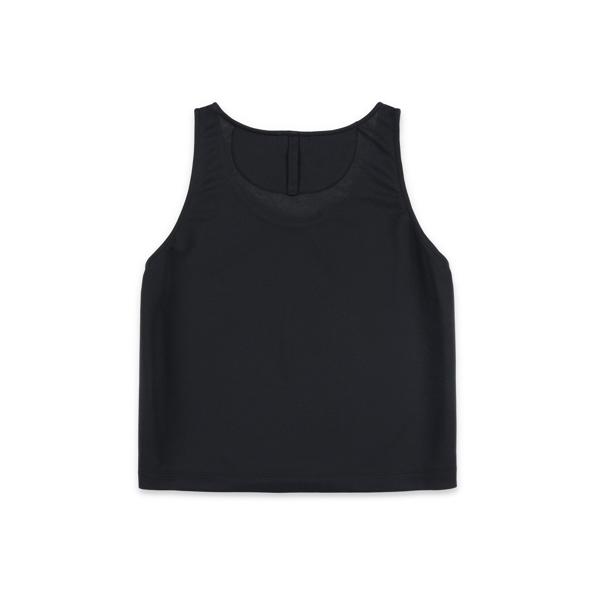 PackFast packing band on back of Topo Designs Women's 30+ UPF moisture wicking River Tank top in "Black".