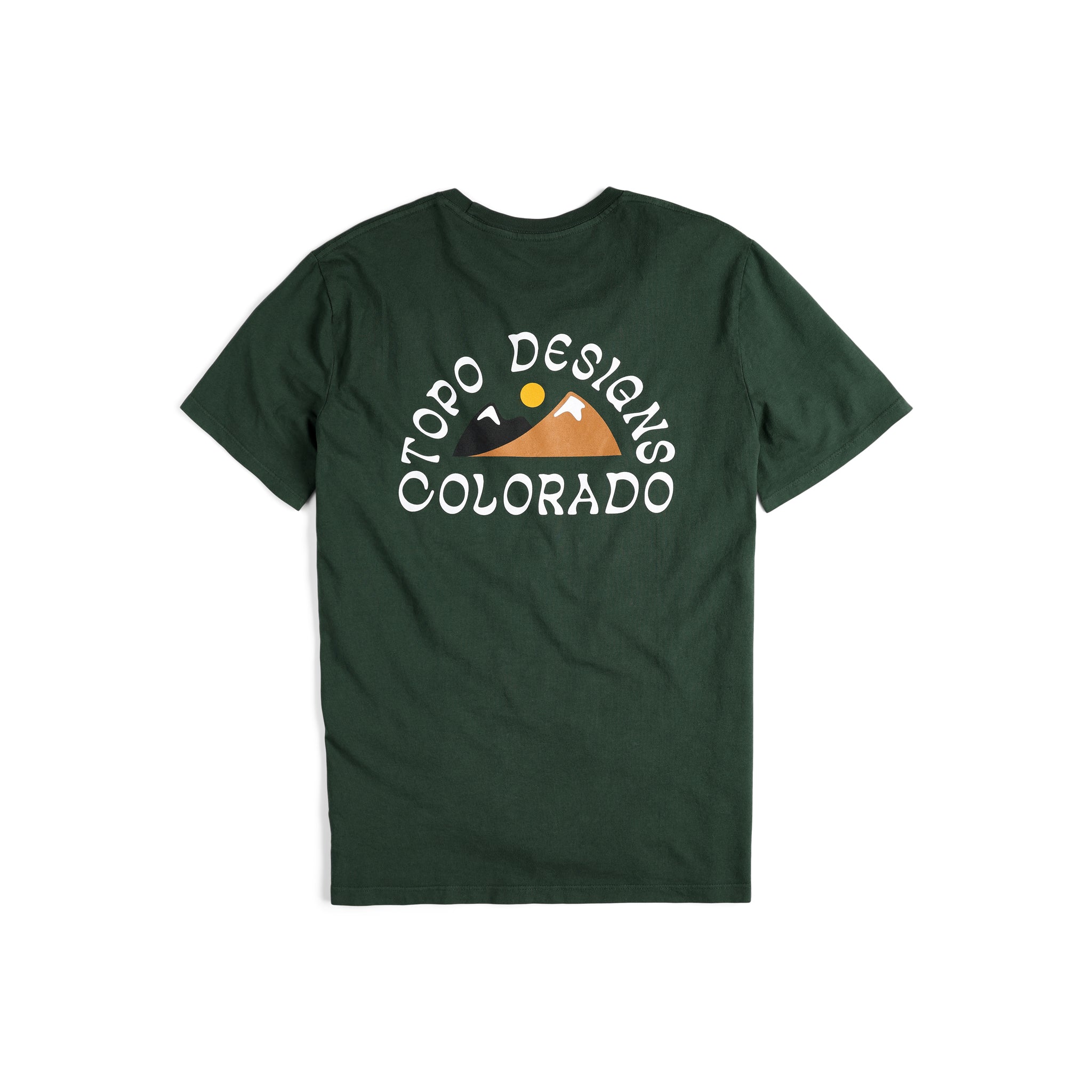 Back view of Topo Designs Men's Alpenglow Tee 100% organic cotton graphic short sleeve t-shirt in "forest" green.