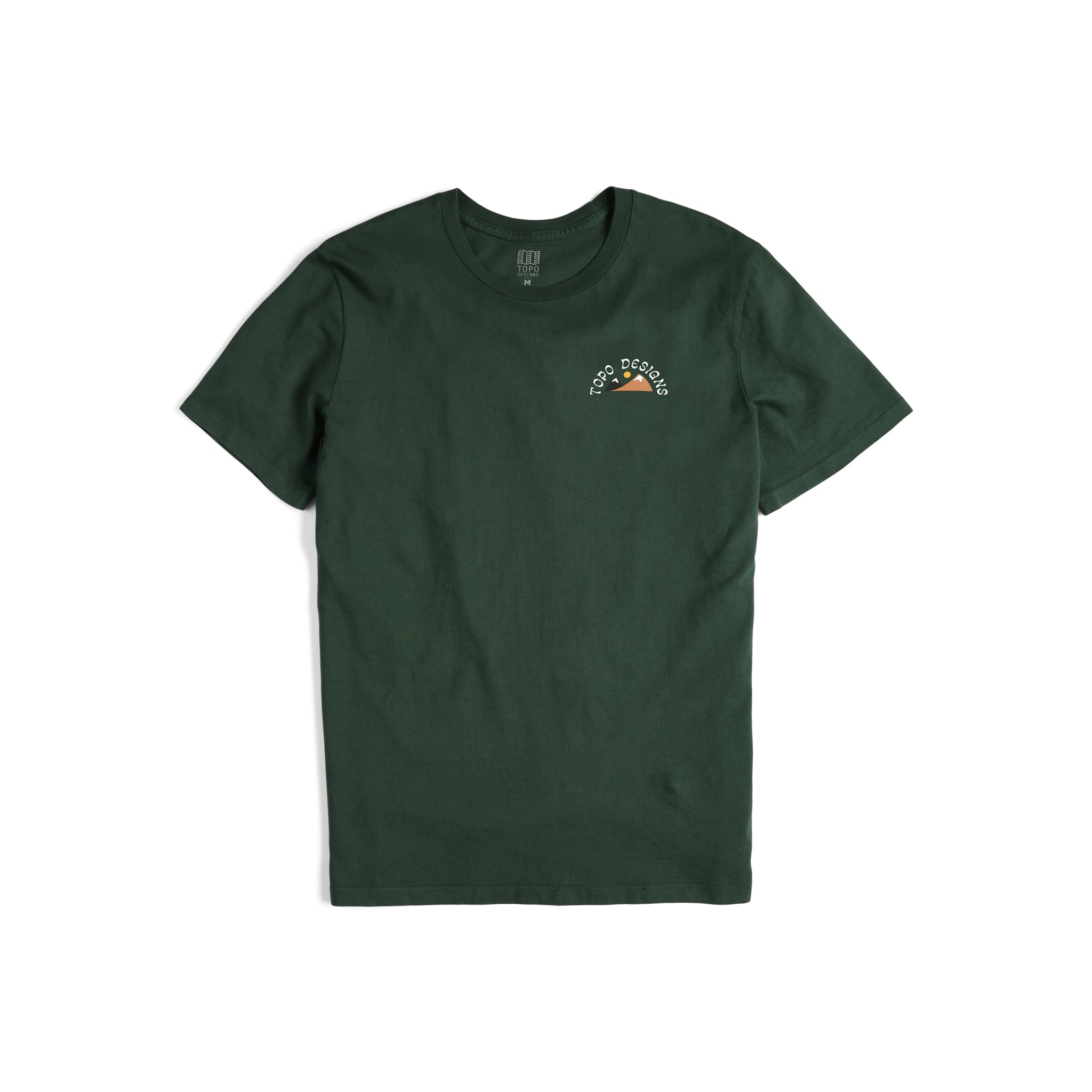 Front View of Topo Designs Men's Alpenglow Tee 100% organic cotton graphic short sleeve t-shirt in "forest" green.