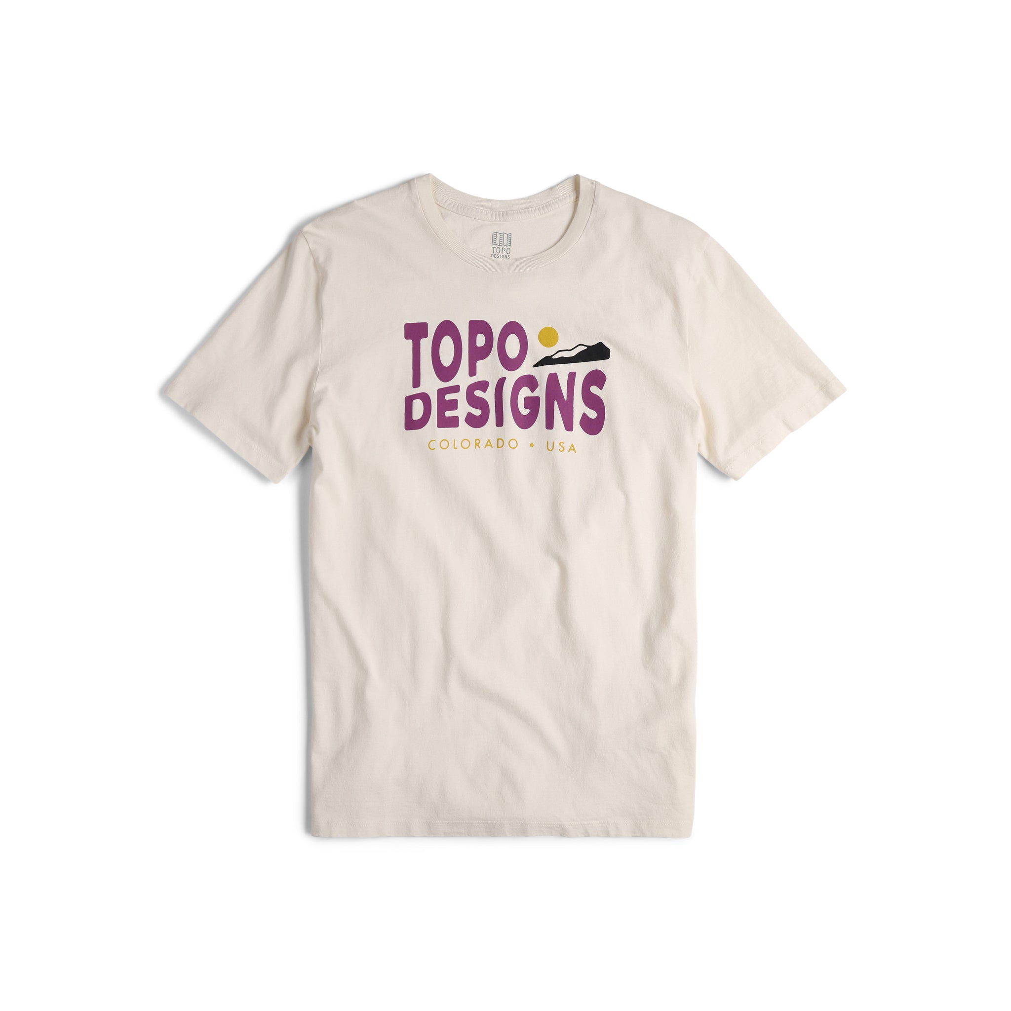 Front view of Topo Designs Men's Small Diamond Tee 100% organic cotton short sleeve graphic logo t-shirt in "natural" white.