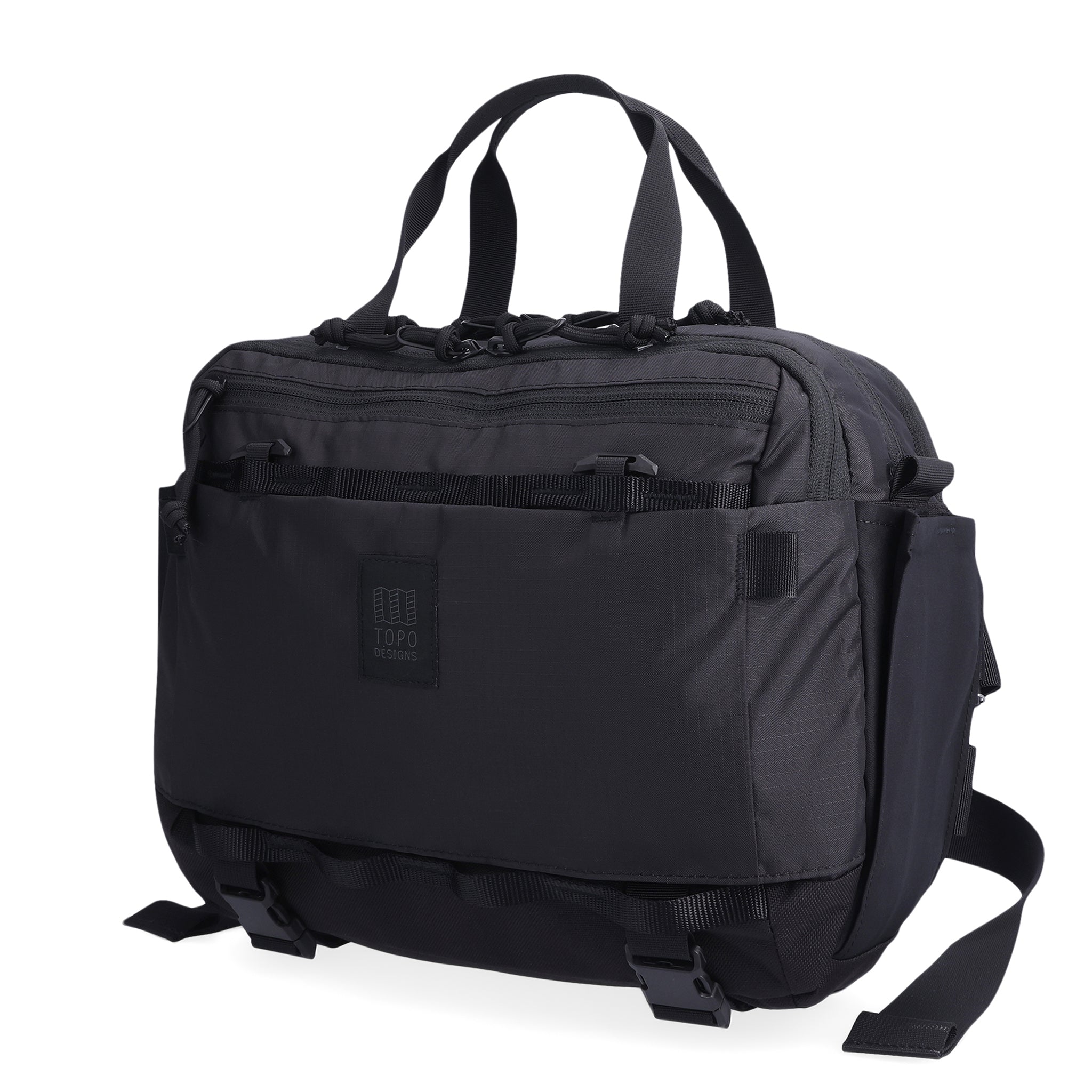 Side view of Topo Designs Mountain Cross Bag in recycled "Black" nylon.