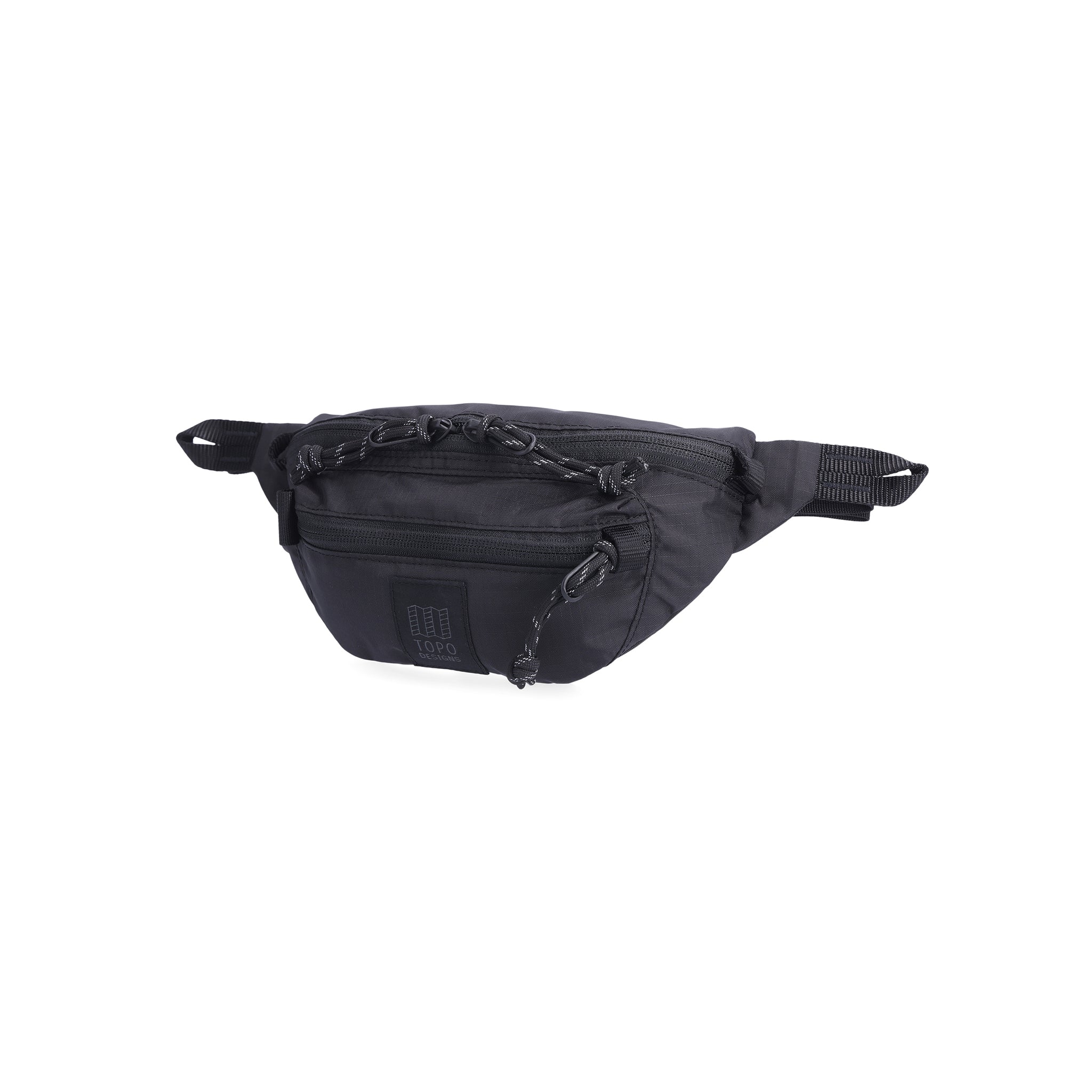 Side view of Topo Designs Mountain Waist Pack in lightweight recycled "Black / Black" nylon.