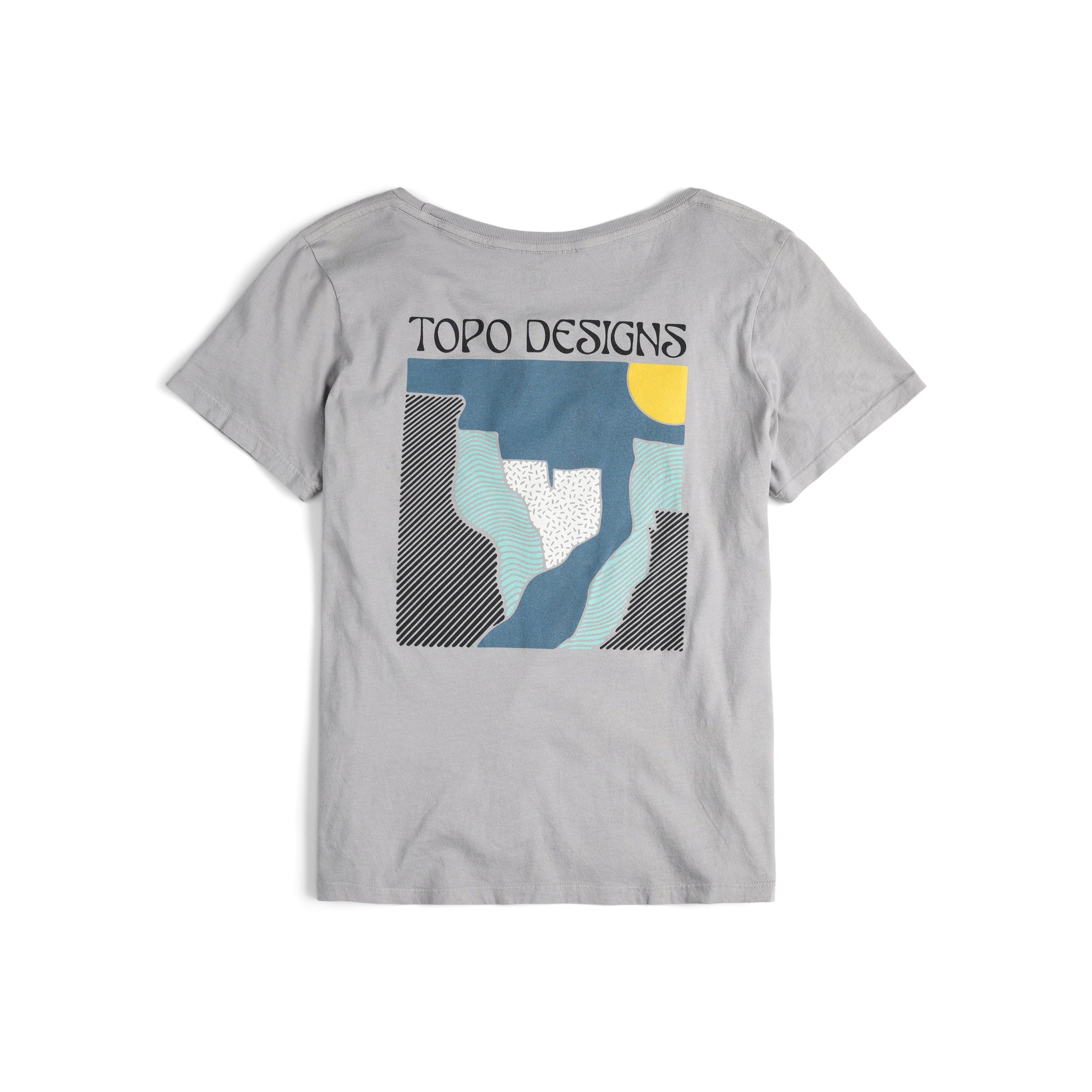 Back view of Topo Designs Women's Canyons Tee 100% organic cotton short sleeve graphic logo t-shirt in "gray".