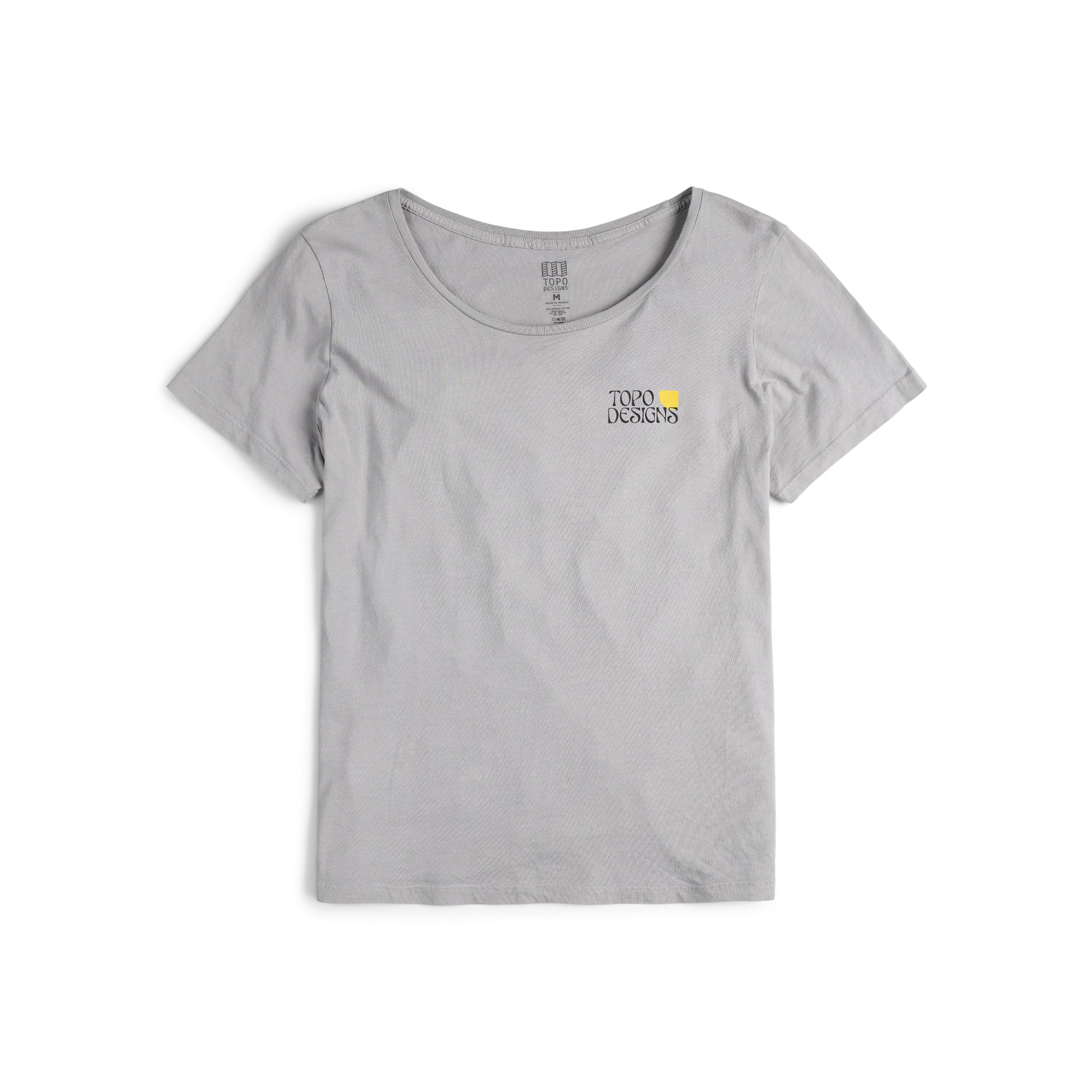 Front view of Topo Designs Women's Canyons Tee 100% organic cotton short sleeve graphic logo t-shirt in "gray".