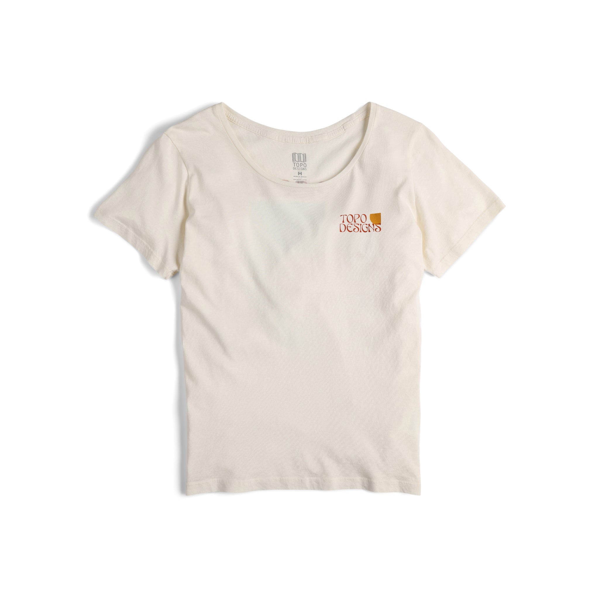 Front view of Topo Designs Women's Canyons Tee 100% organic cotton short sleeve graphic logo t-shirt in "natural" white.