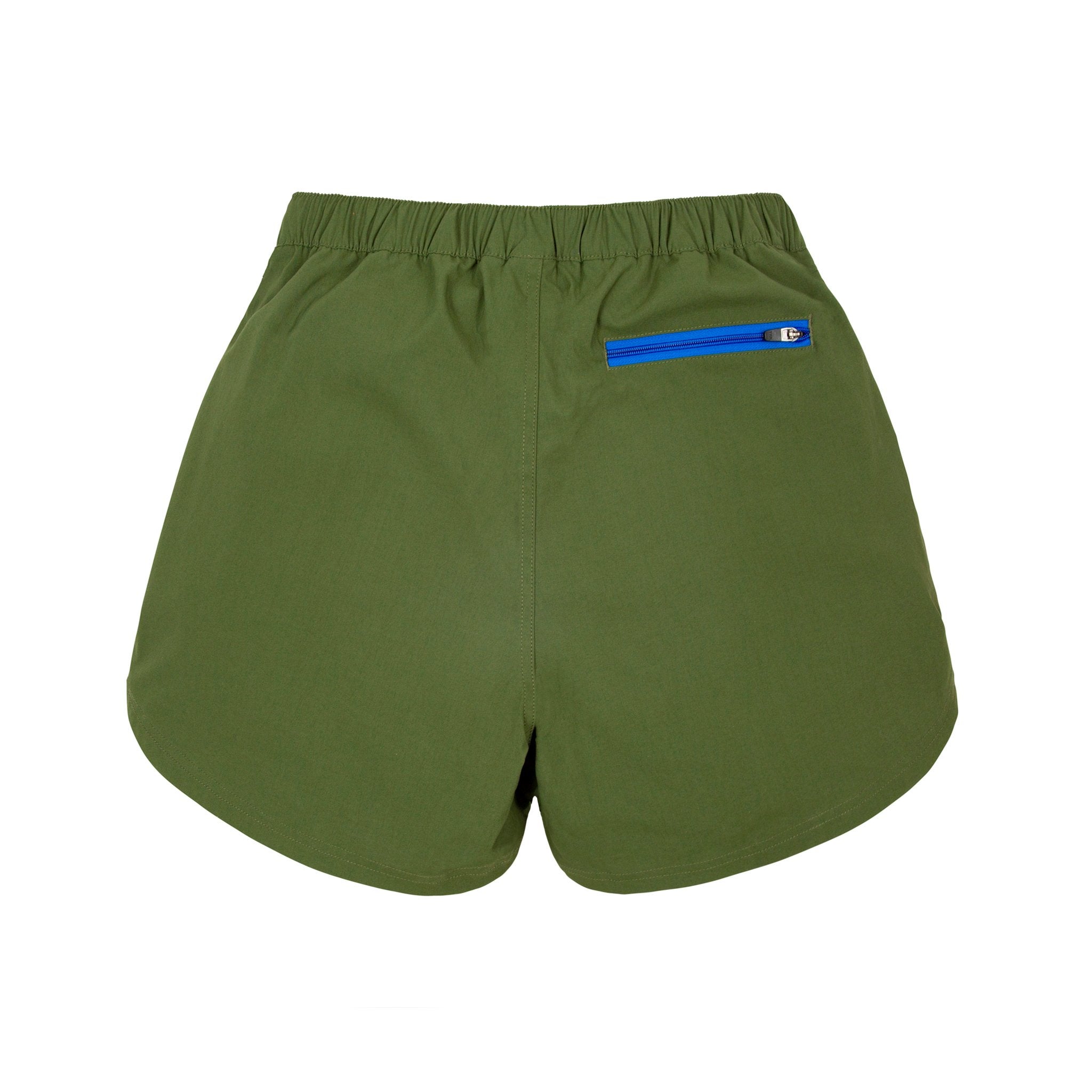 Back of Topo Designs Women's River quick-dry swim Shorts in "Olive" green showing zipper pocket.