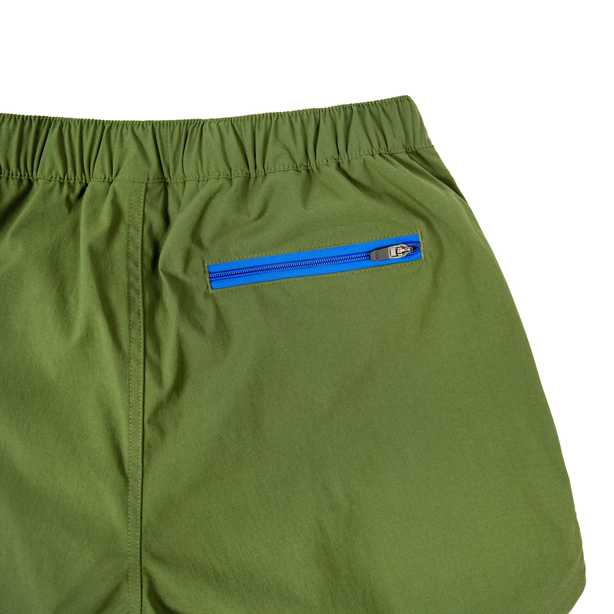 General Detail Shot of Topo Designs Women's River Shorts in Olive green showing back zipper security pocket.