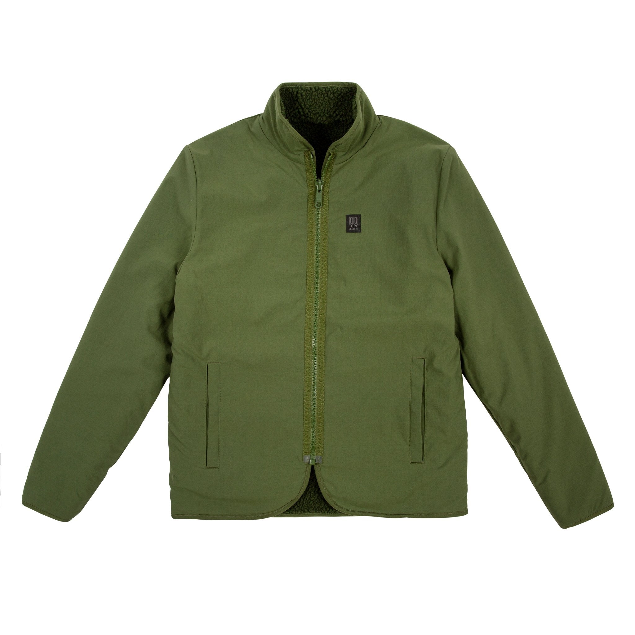 Front product shot of Topo Designs Men's Sherpa Jacket in "Olive" green showing DWR side.