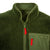 General detail shot of Topo Designs Men's Sherpa Jacket in Olive green showing sherpa fleece side, collar, zipper, and chest zipper pocket.